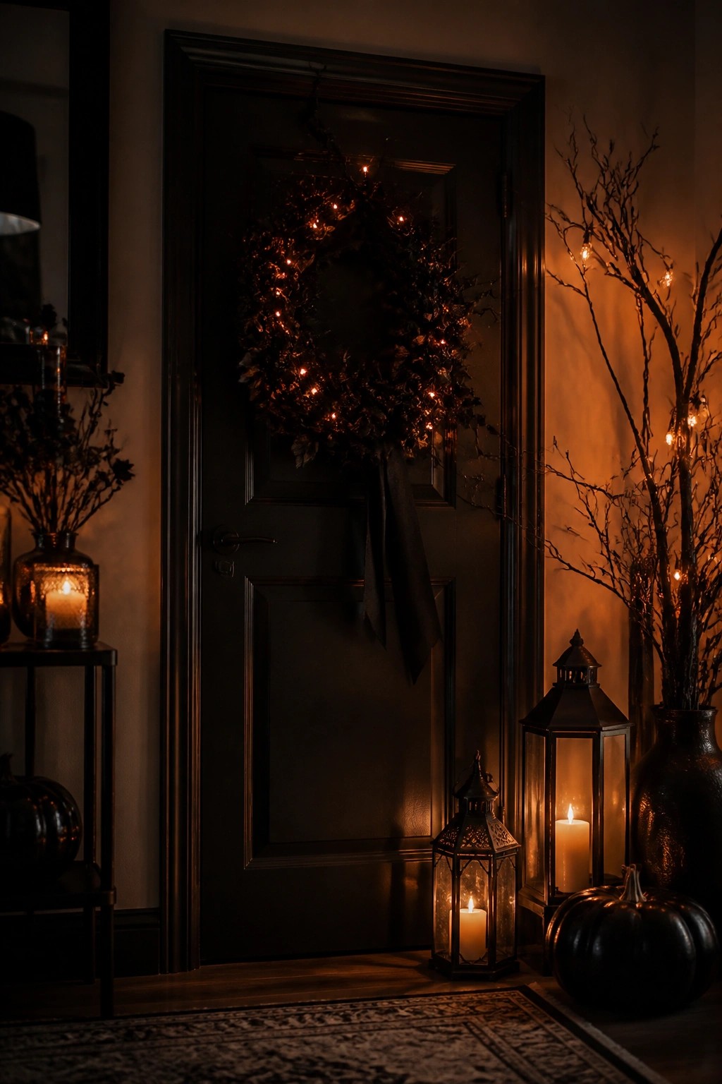 Dark entry door with a leafy wreath wrapped in string lights and a black ribbon, flanked by glowing lanterns and black branches.
