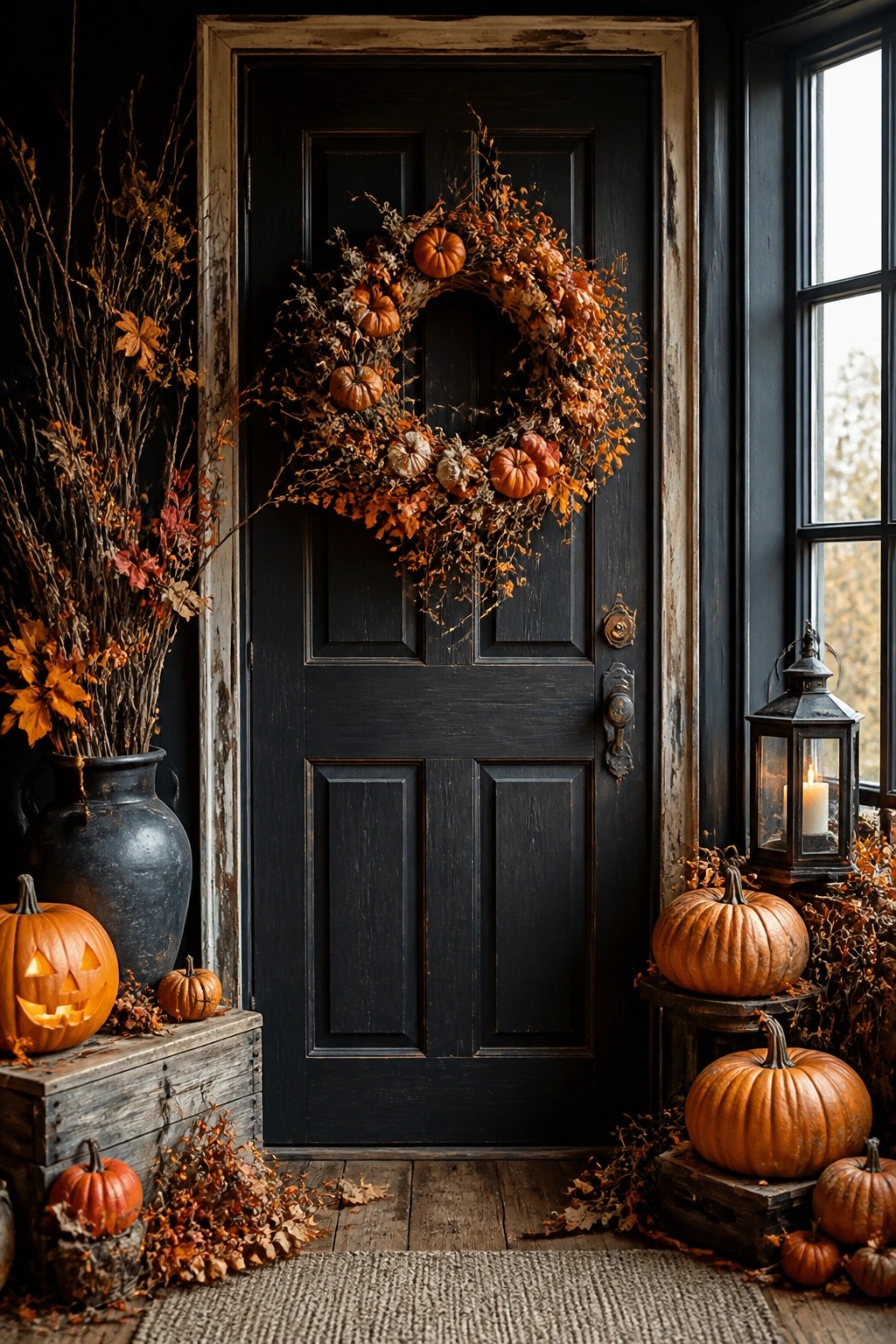 Black front door decorated with a large wreath of small pumpkins and autumn leaves, flanked by carved jack-o'-lanterns and a lit lantern.