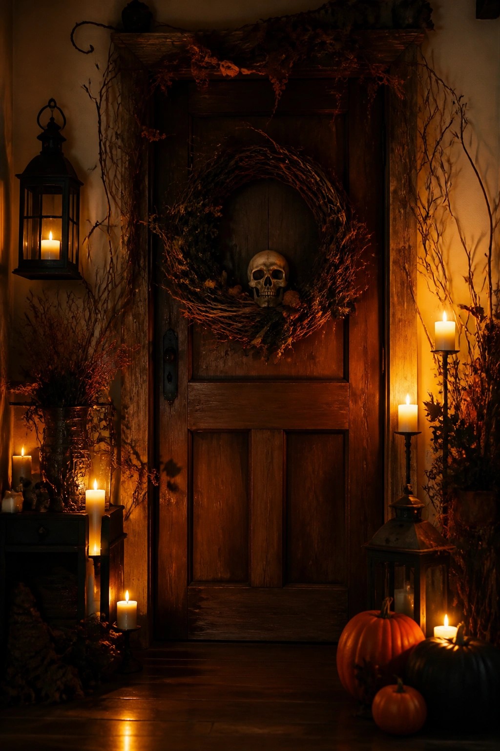 Wooden entry door with a large twig wreath holding a central skull, surrounded by candles in lanterns and dried branches.
