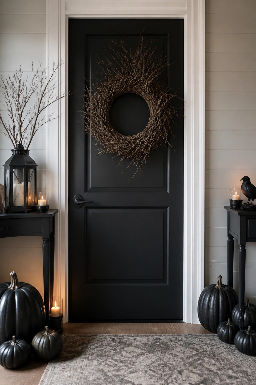 Black interior door with a large twig wreath centered on the panels, surrounded by black pumpkins, lanterns, and a crow figurine on side tables.