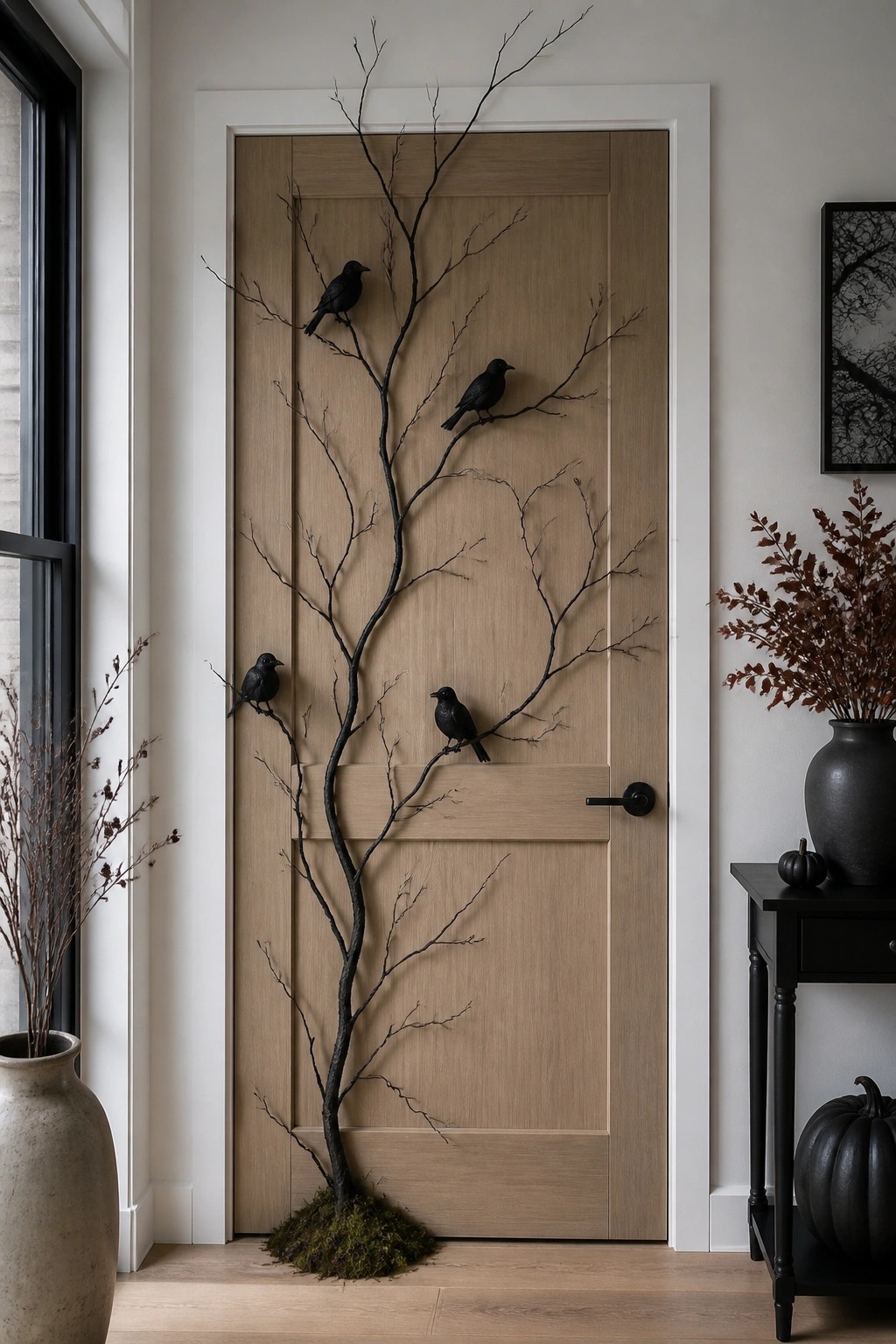 Wooden door with large black branch sculpture holding several black birds