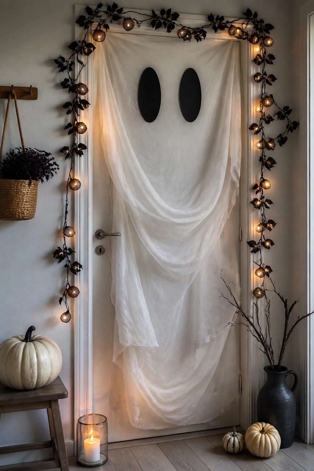 A white sheet ghost with black oval eyes covers an indoor door, framed by string lights with black leaves.