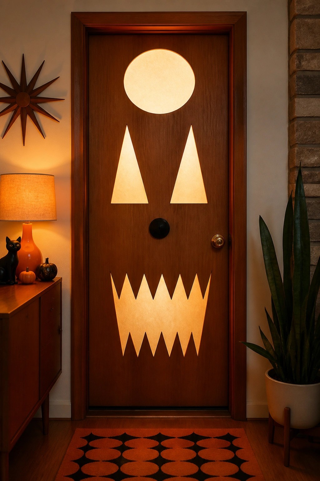 Wooden front door decorated with a glowing jack o lantern face made from a round cutout at the top, two triangular eye shapes, and a jagged mouth cutout below.