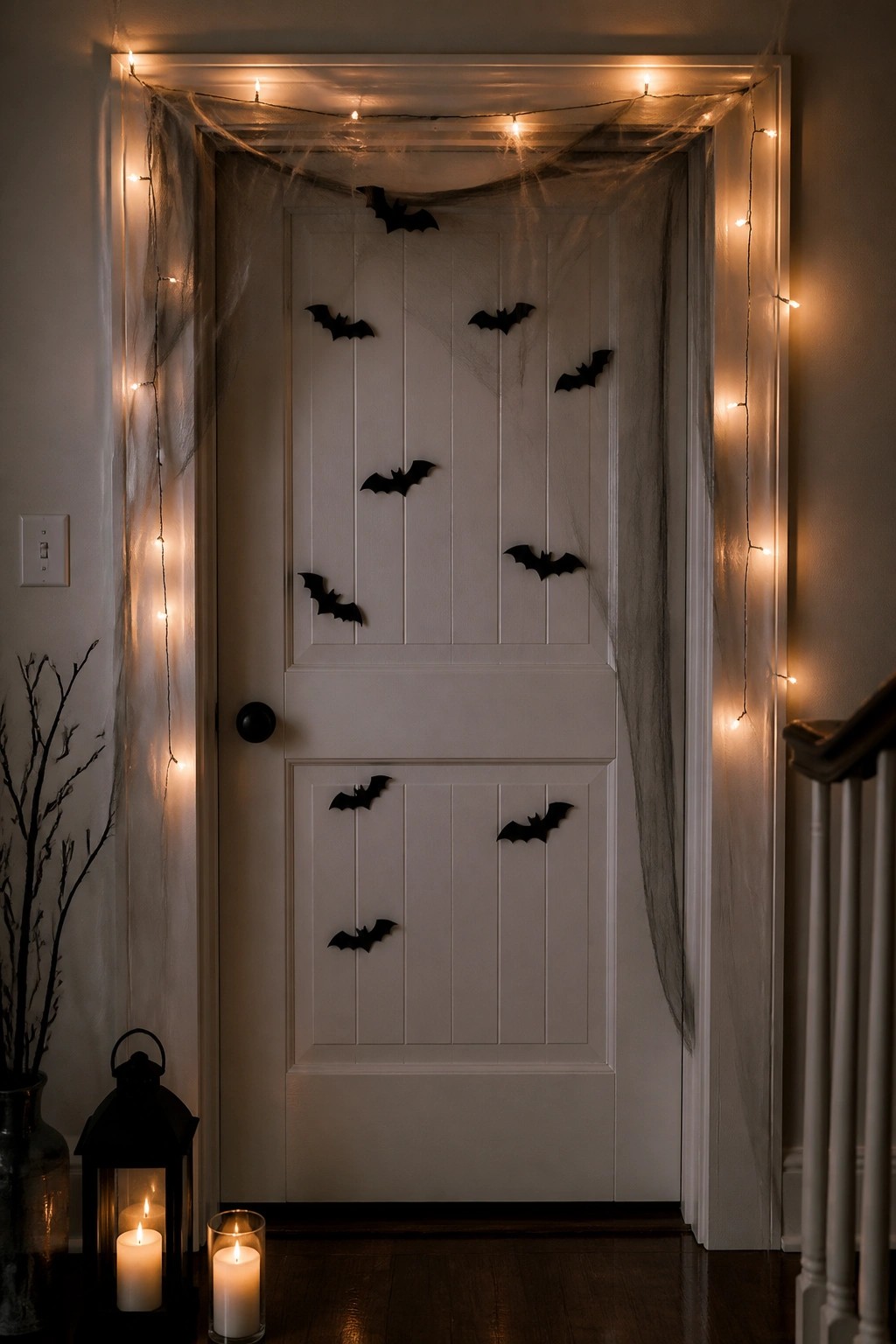White door with black bats, spiderwebs, string lights, and glowing candles.