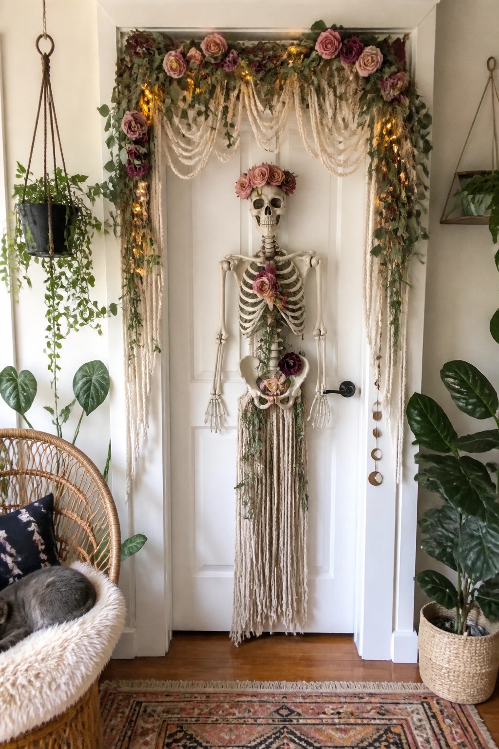 White interior door with a skeleton wearing a flower crown and draped macrame, framed by a floral garland and string lights.