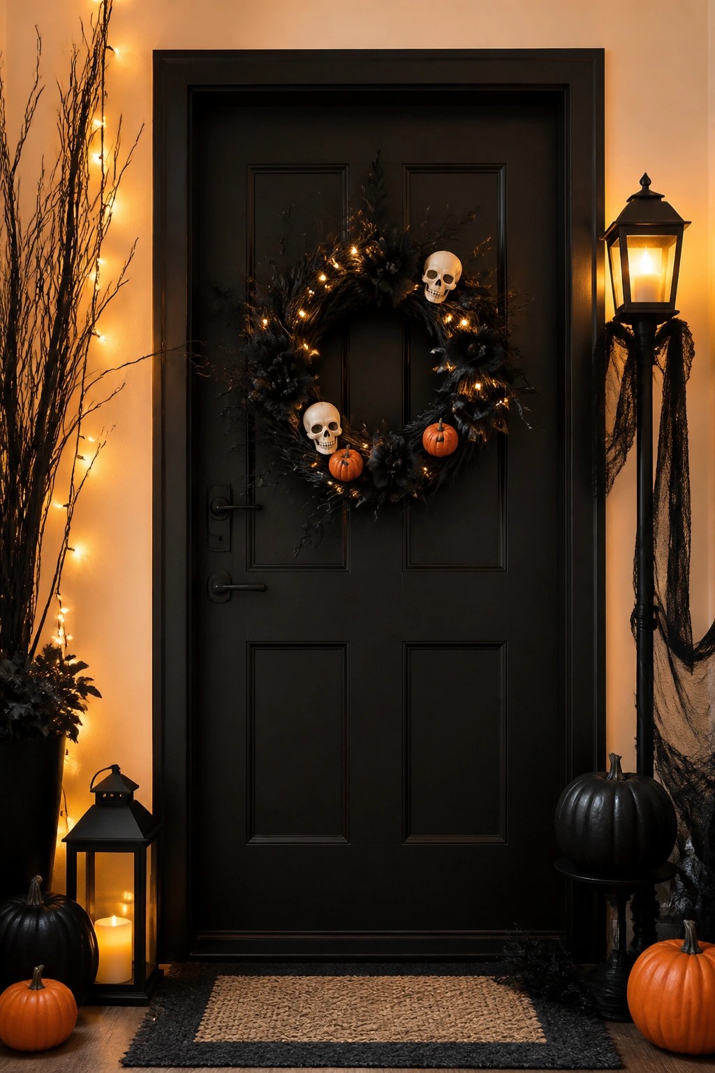 Black front door with a large Halloween wreath made of black foliage, two skulls, small orange pumpkins, and string lights.