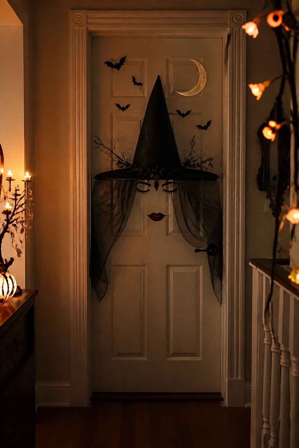 White interior door decorated with a large black witch hat, sheer black veil forming a face, red lips, closed eyes, scattered black bats, and a gold crescent moon.