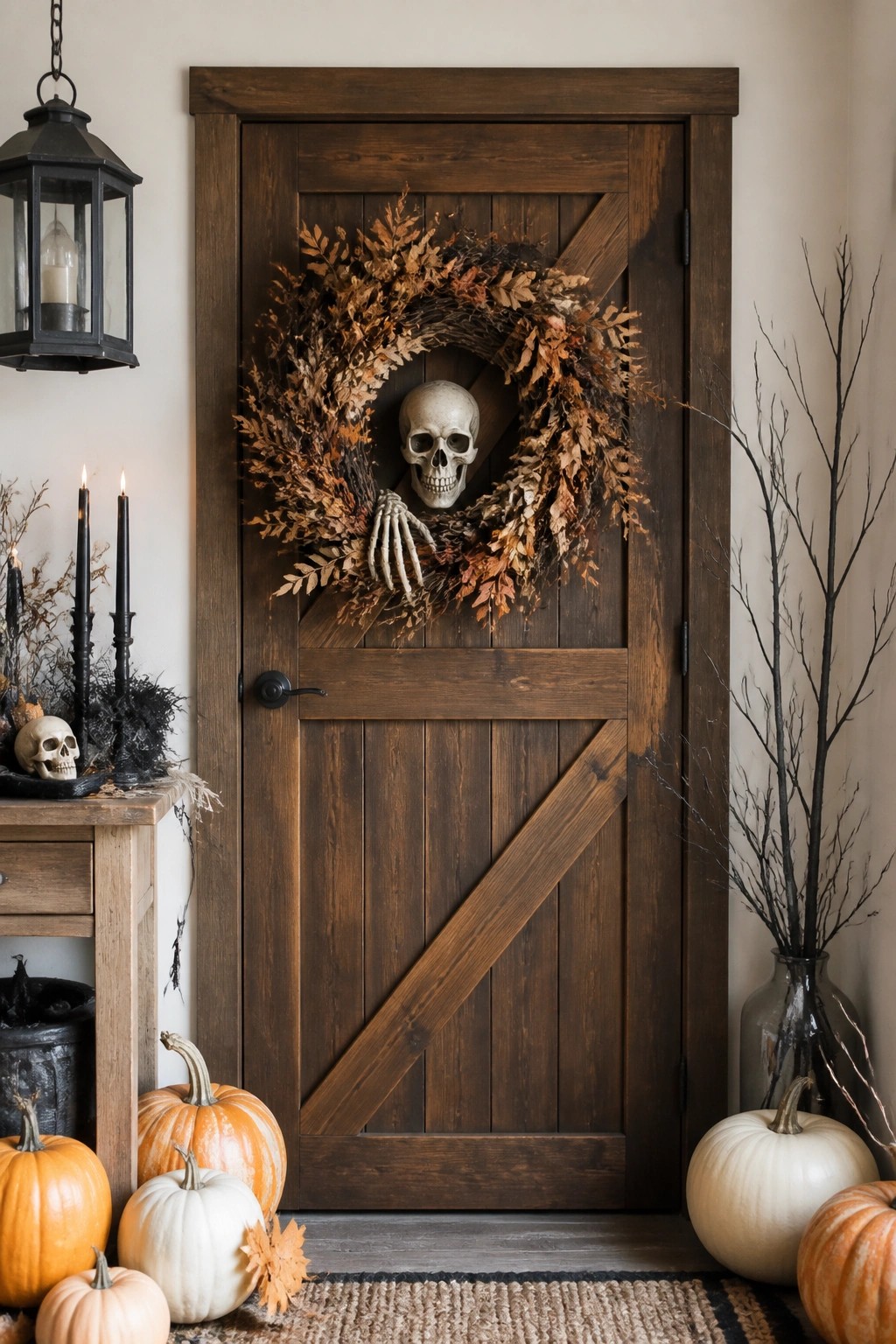 A dark wooden door decorated with a large autumn wreath that has a skull and skeleton hand placed in the center.