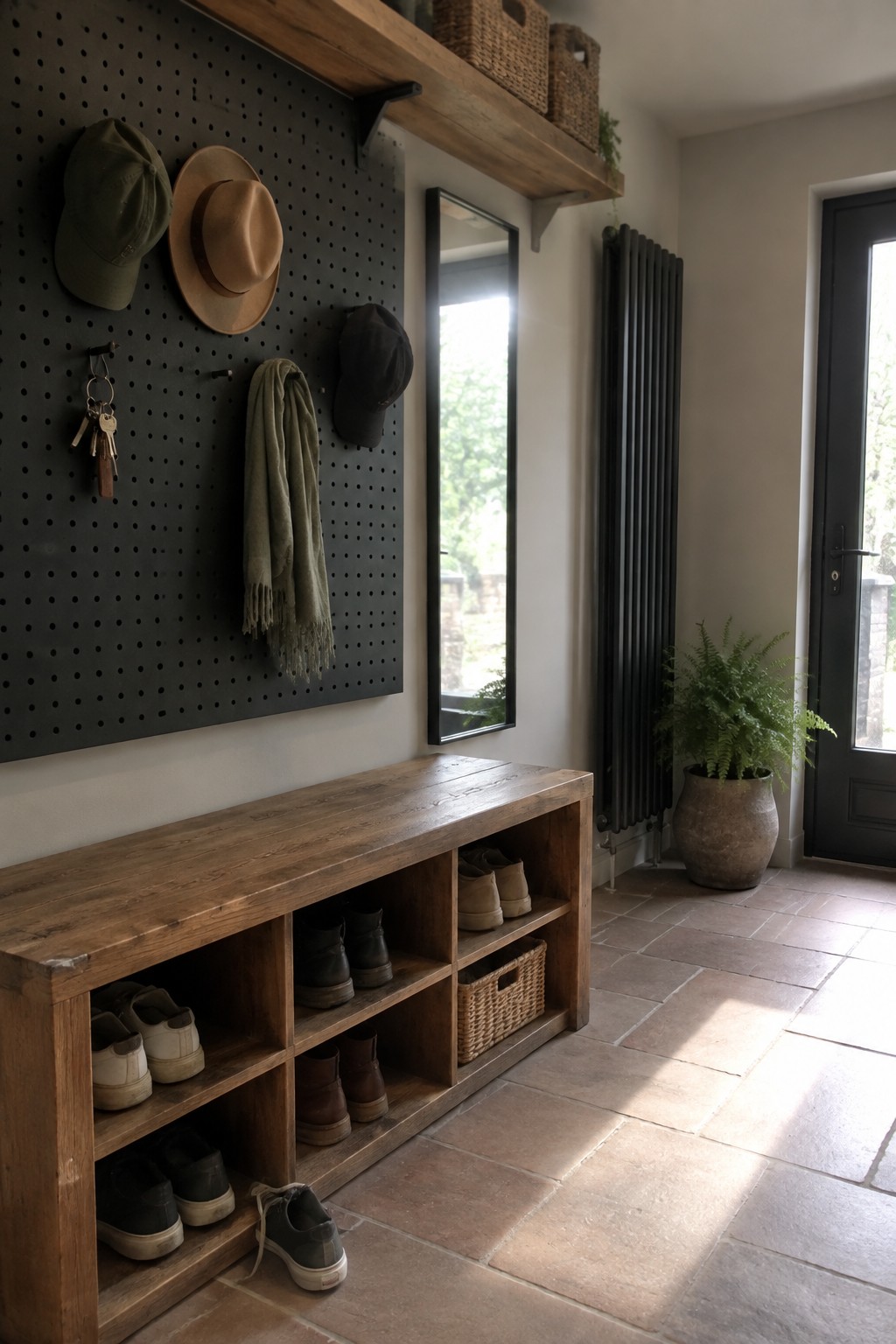 An entryway with a wooden shoe bench, black pegboard holding hats and a scarf, a wall mirror, and a radiator beside the door.