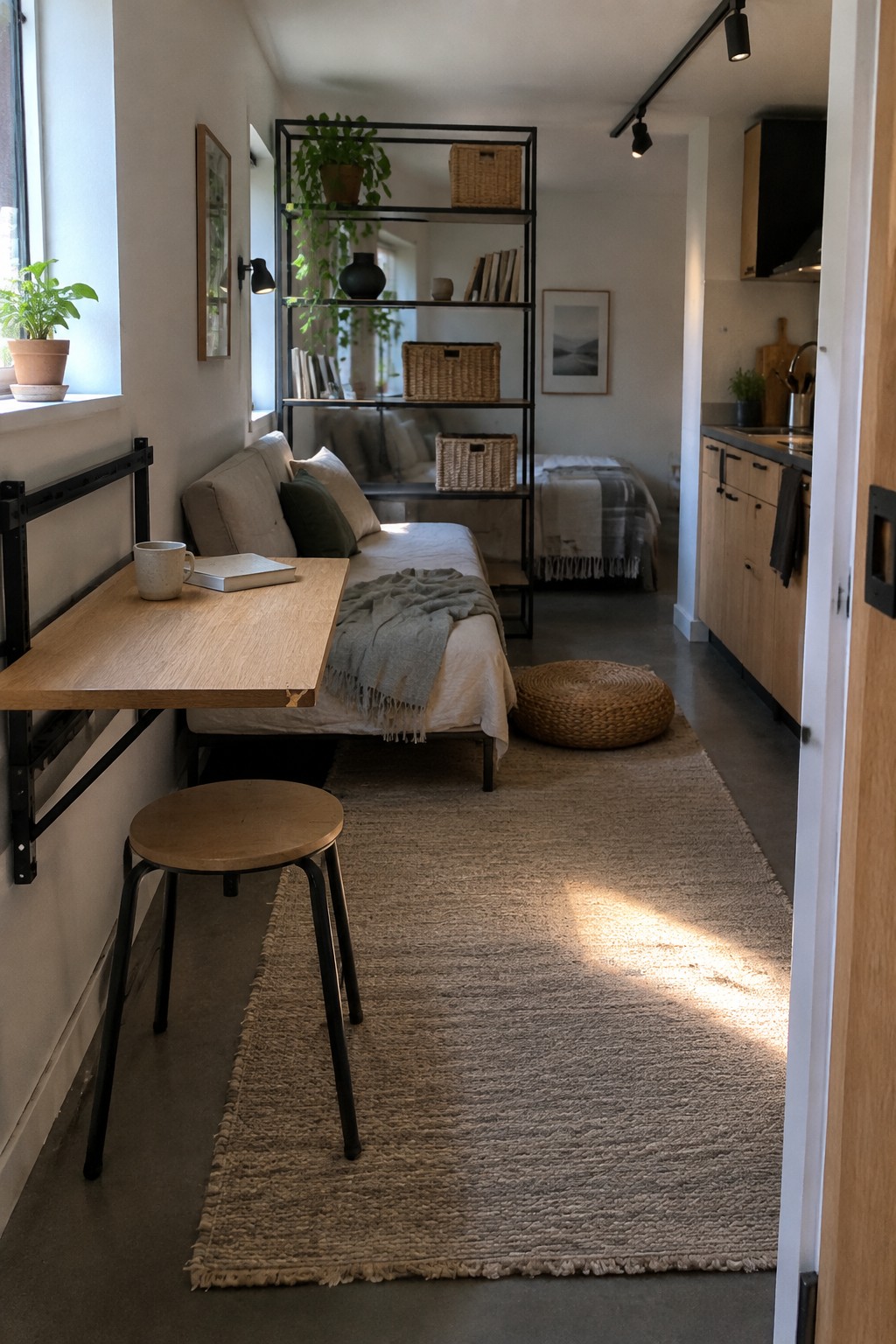 A black metal shelving unit with baskets and books separates a sofa from a bed in a narrow studio apartment.