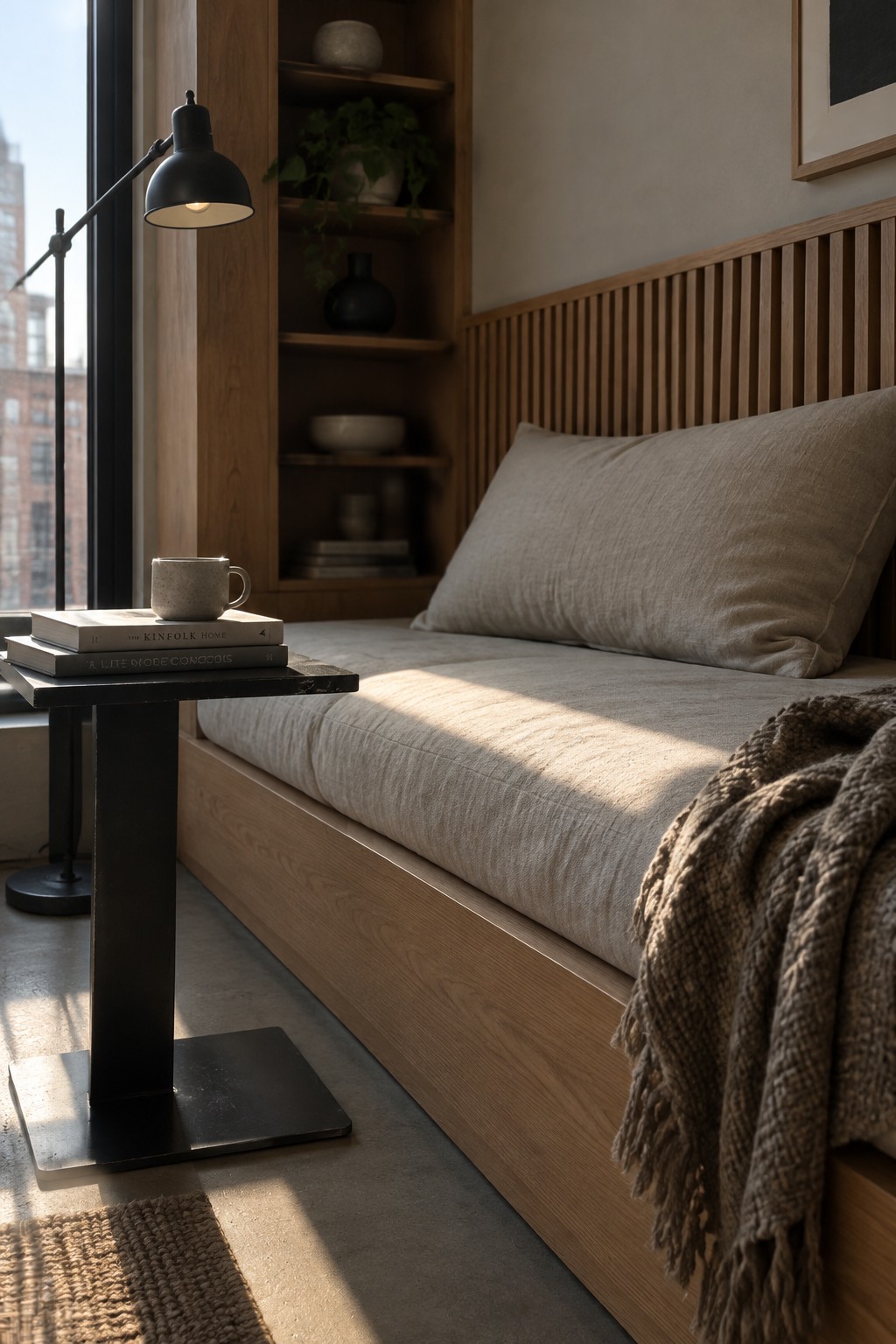 A bedroom with a wood-slat headboard, pale linen bedding, and a black metal side table beside a window.