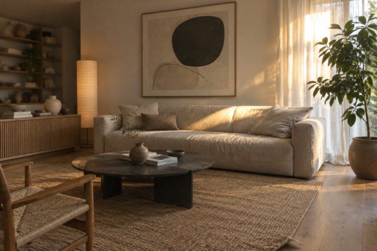 A large framed abstract print with dark shapes hangs above a beige sofa in a living room.