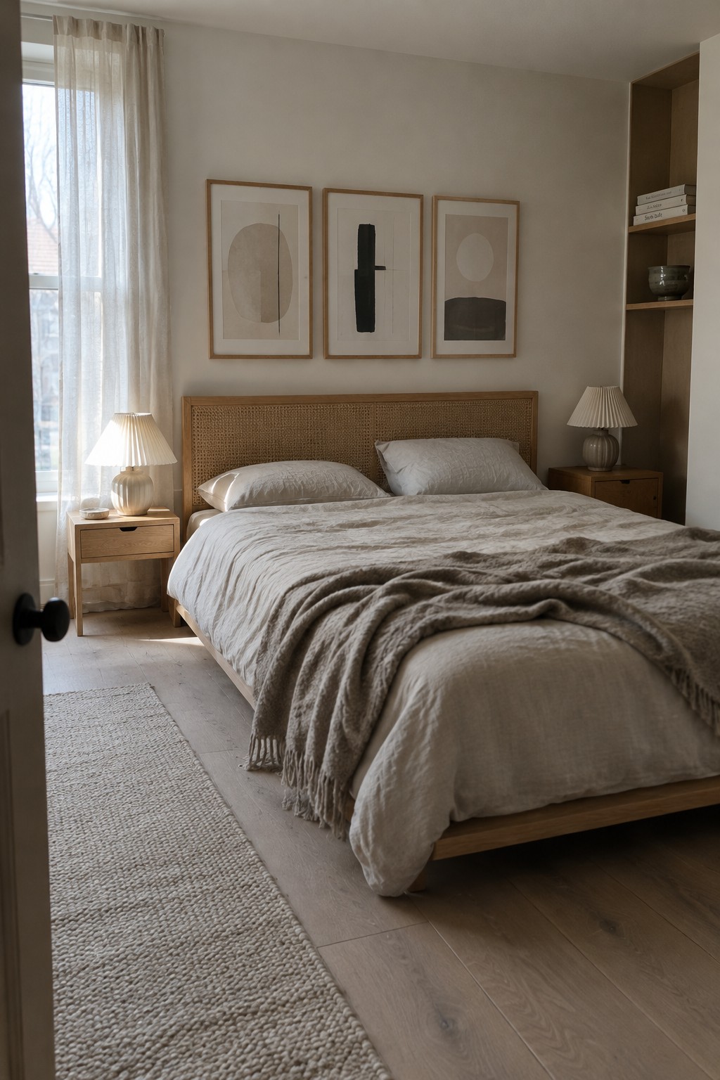 Three framed minimalist abstract prints hang above a bed with a woven headboard.