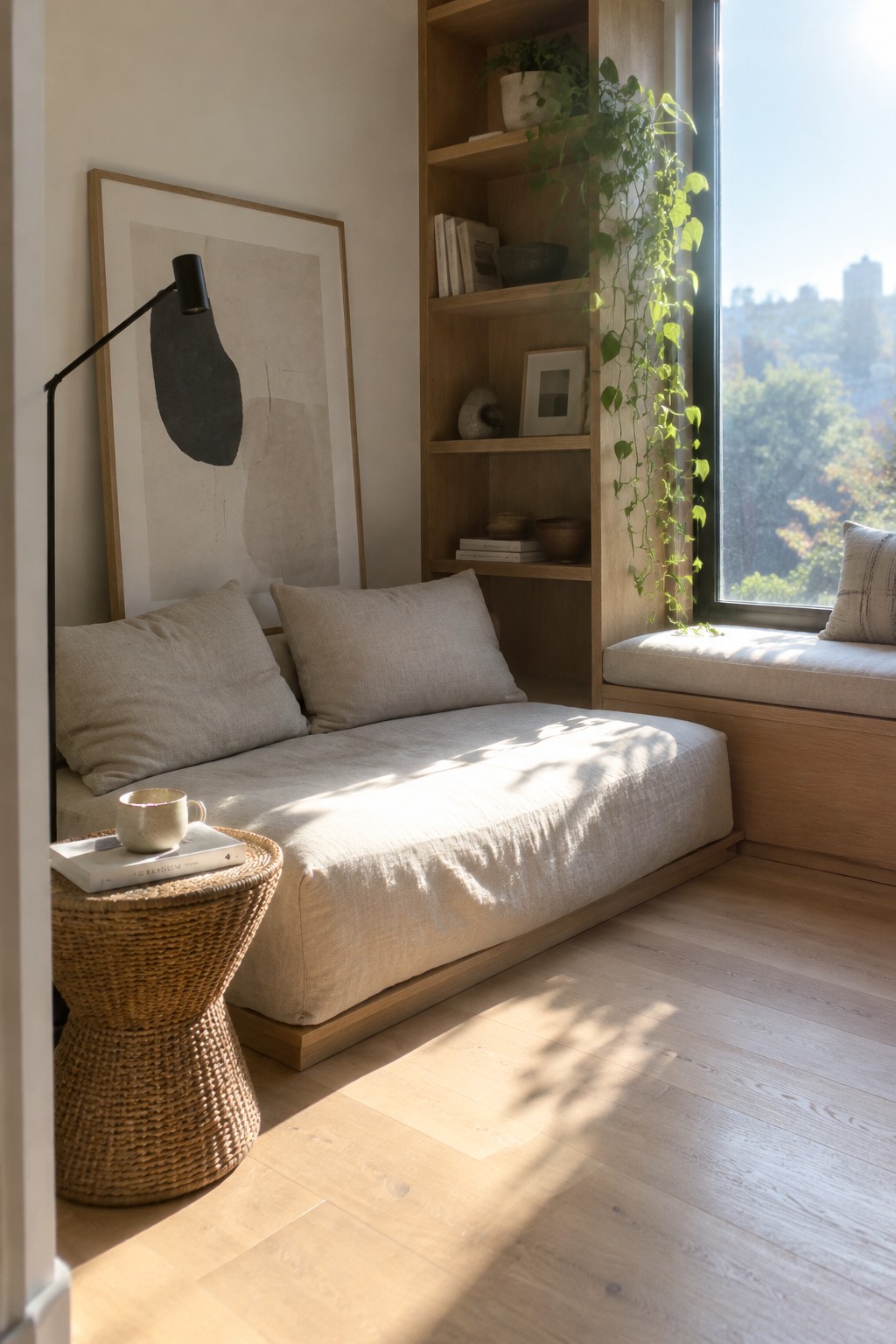 A framed abstract print leans behind a cream daybed beside wooden shelves and a window seat.