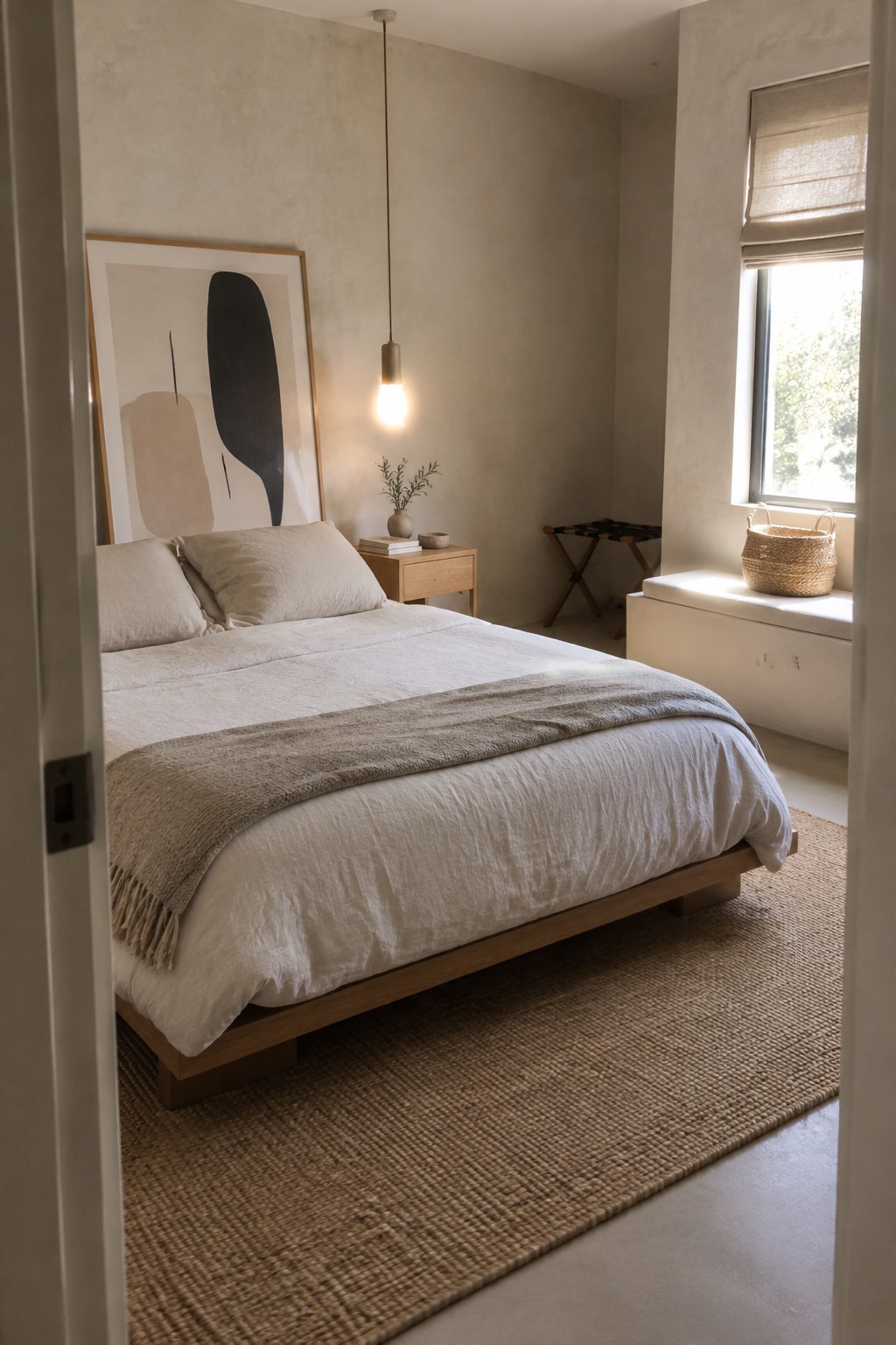 A large framed abstract print with black and beige shapes leans against the wall behind a bed with white bedding.