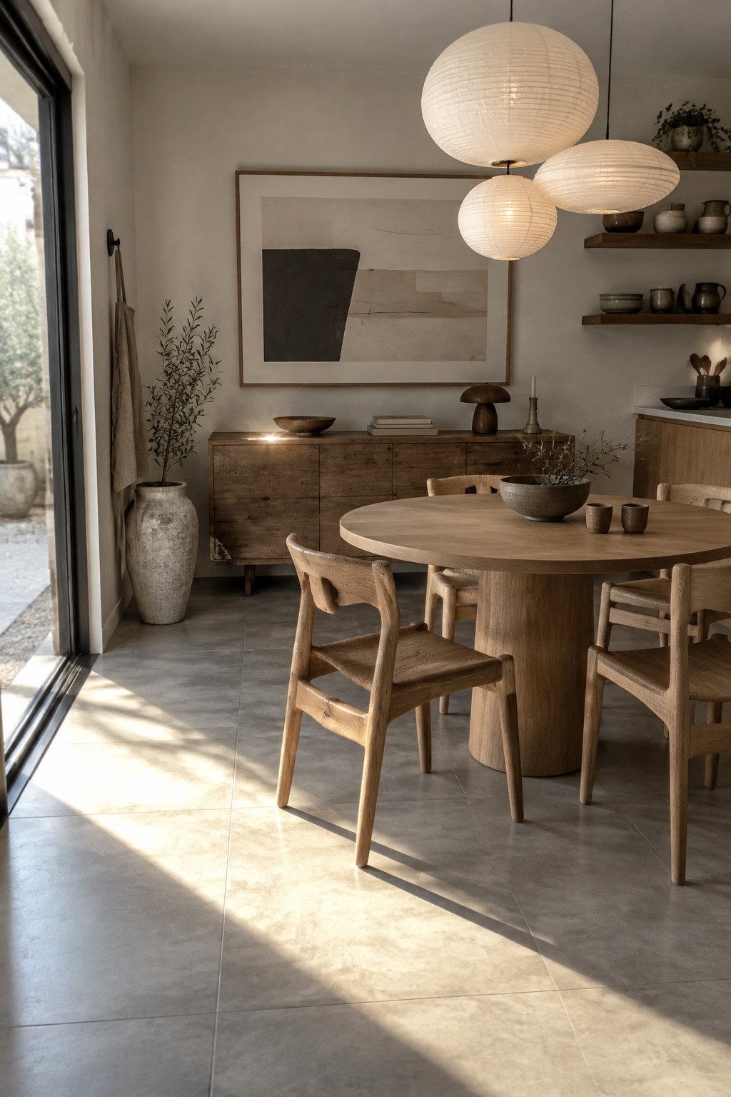 A large abstract print in a wood frame hangs above a wooden sideboard in a dining room with a round table and paper pendant lights.