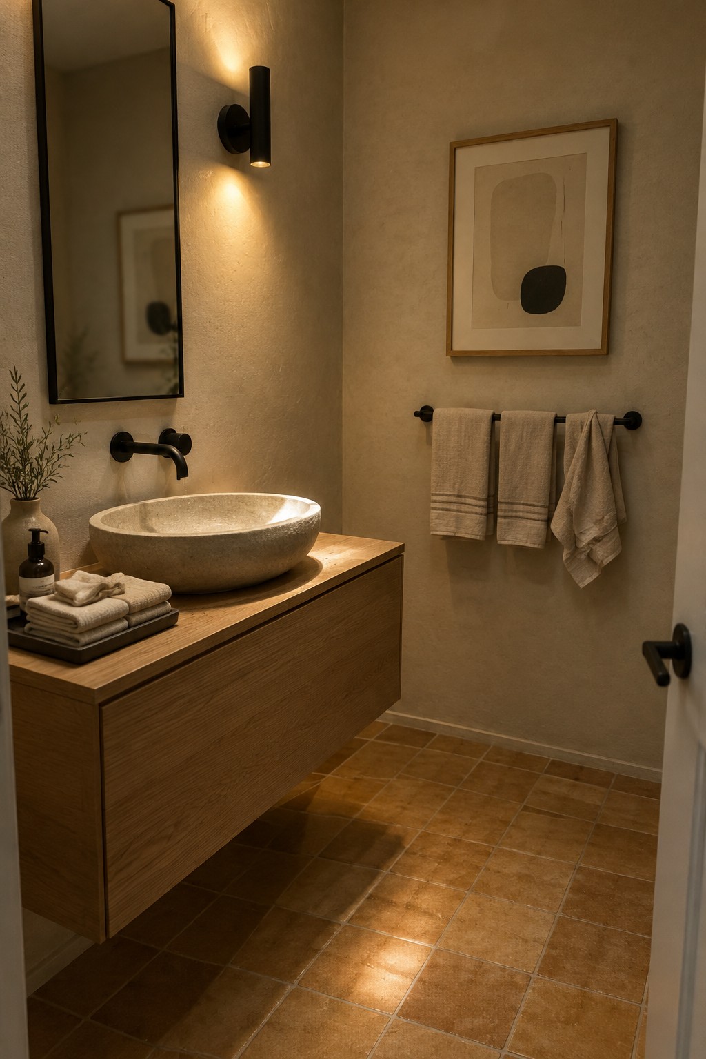A beige abstract print in a wood frame hangs above a towel rail in a bathroom with a wood vanity and stone vessel sink.