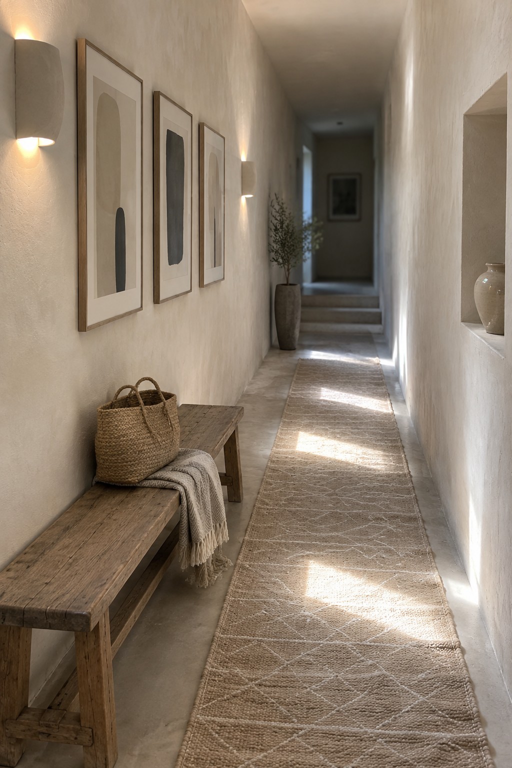 Three framed abstract prints hang above a wooden bench in a narrow hallway with a long patterned runner.