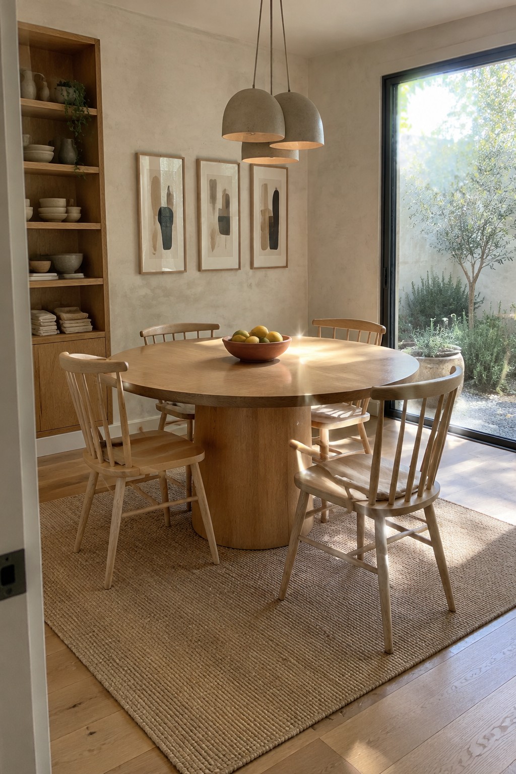 Three framed abstract prints hang above a round wooden dining table surrounded by chairs.