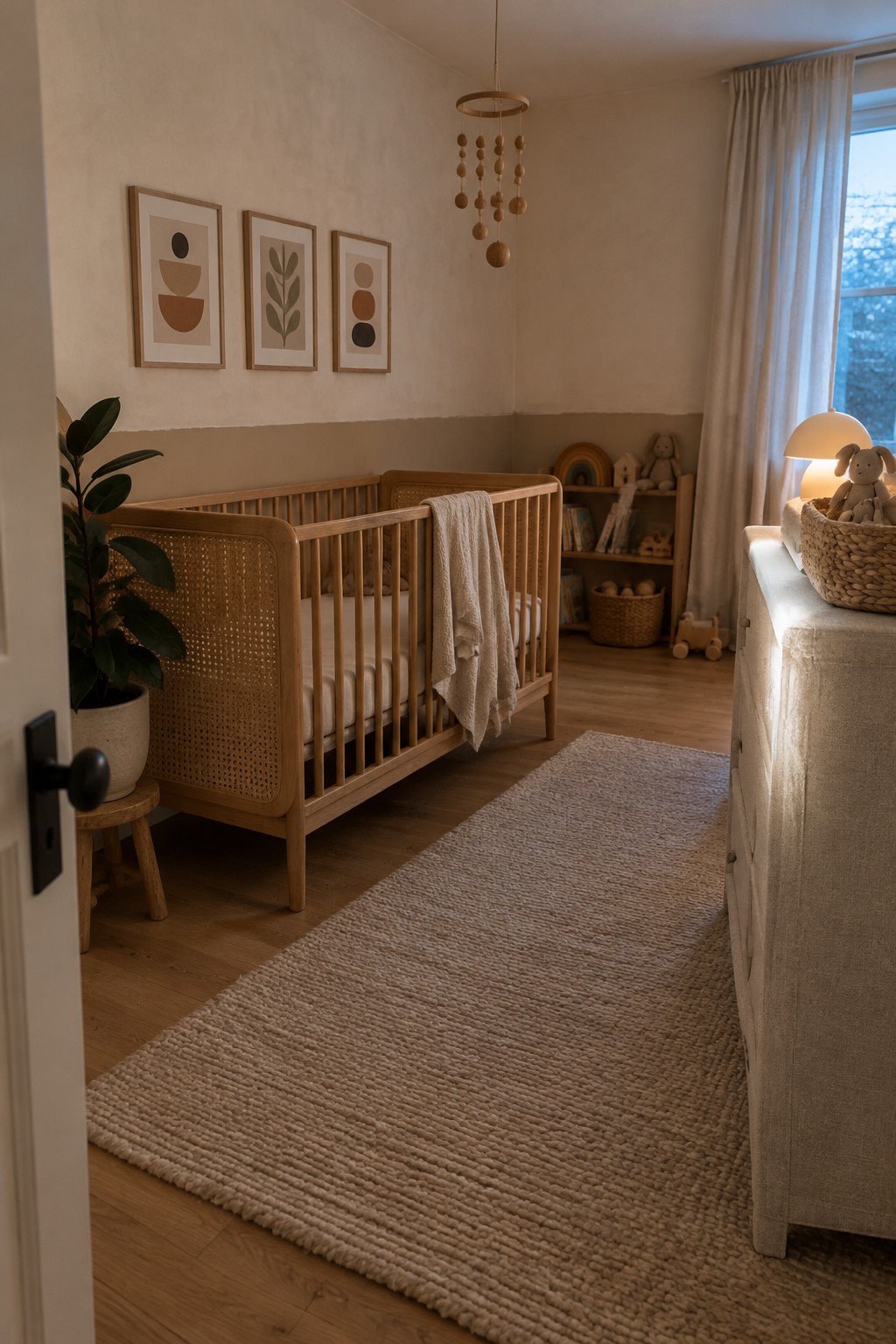 Three framed minimalist prints hang above a wooden crib in a nursery.