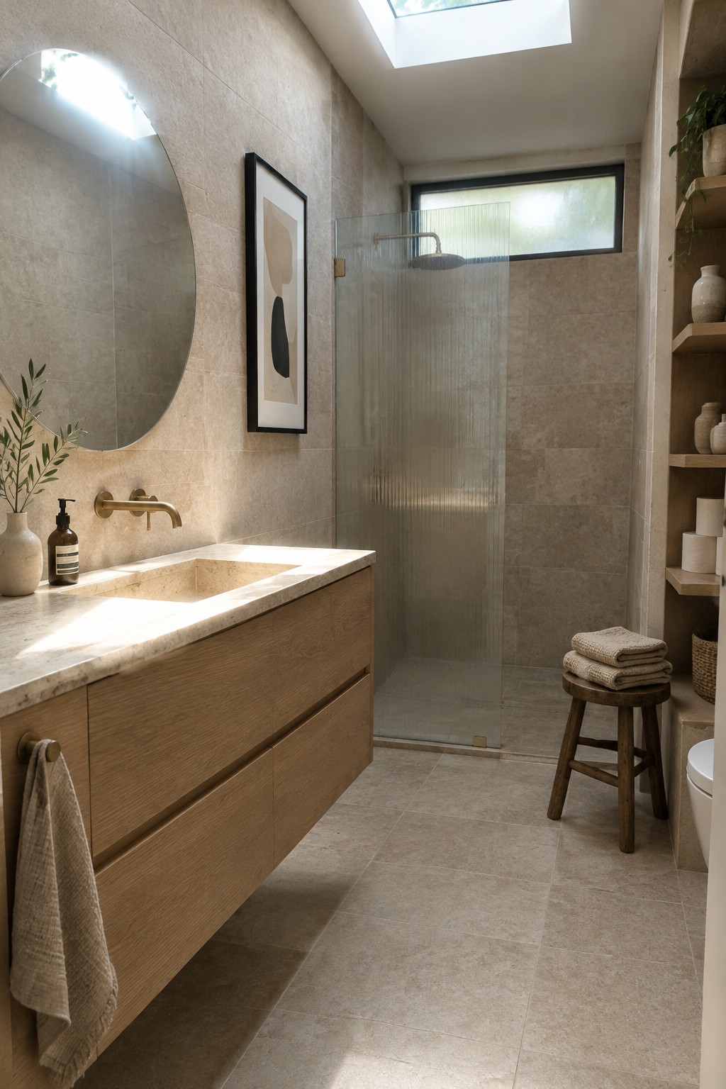 A framed abstract print hangs beside a round mirror in a beige-tiled bathroom.
