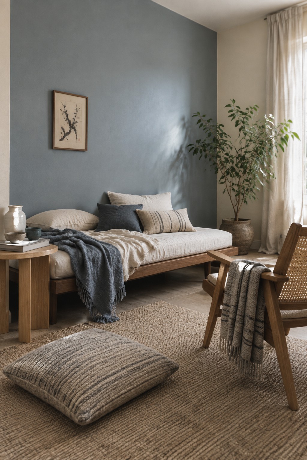 Muted blue-gray painted bedroom wall behind a low wood bed.