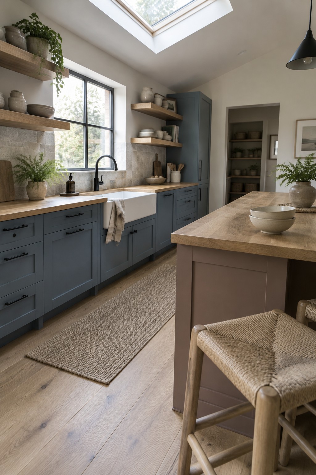 Muted blue-gray kitchen cabinets paired with warm wood counters.