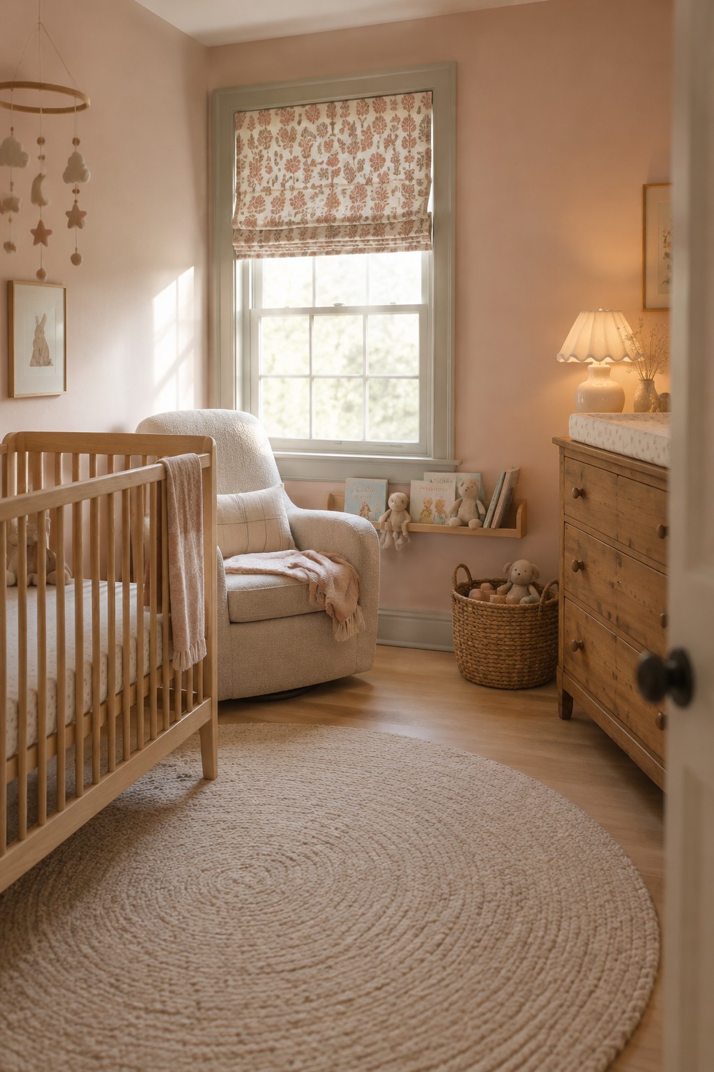 Pale blush nursery walls surround a window with muted sage-green trim.