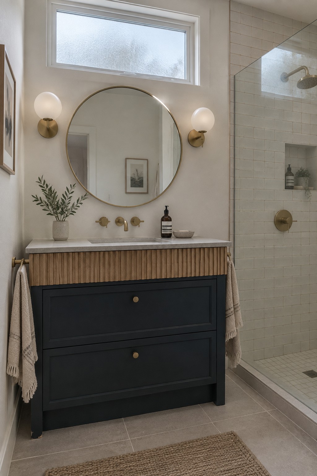 A charcoal-painted bathroom vanity with a fluted wood front and brass fixtures.