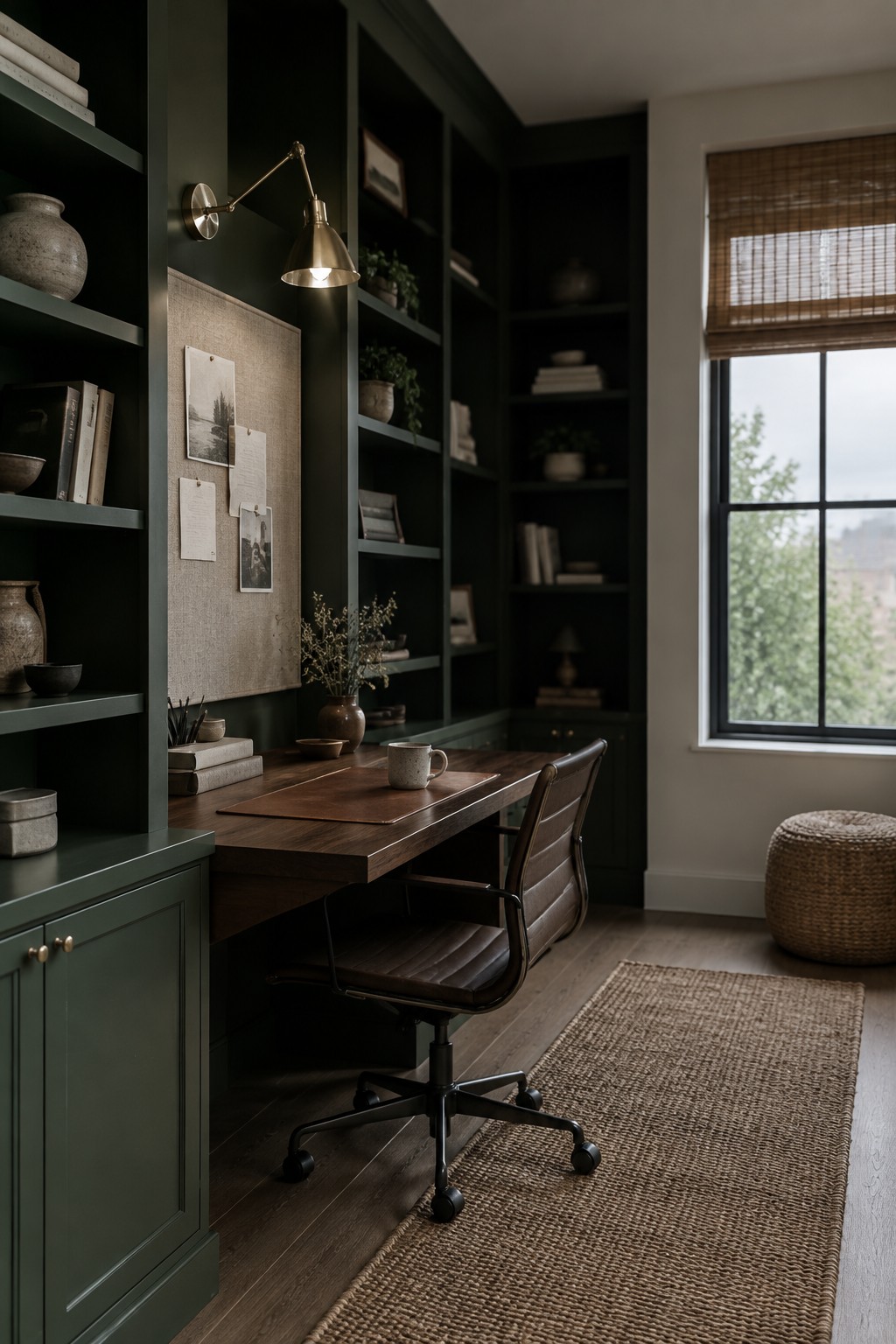 Deep forest green paint covers the walls and built-in shelves in a home office with a warm wood desk.