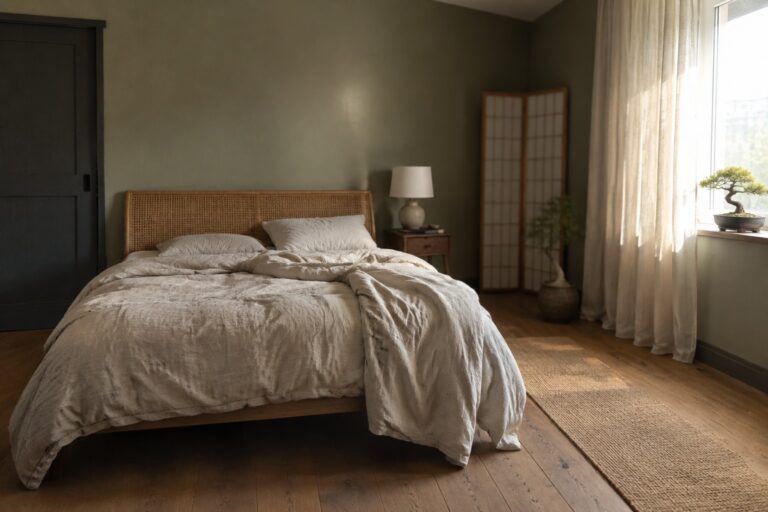 Muted olive-green bedroom walls beside a warm wood floor and cane headboard.