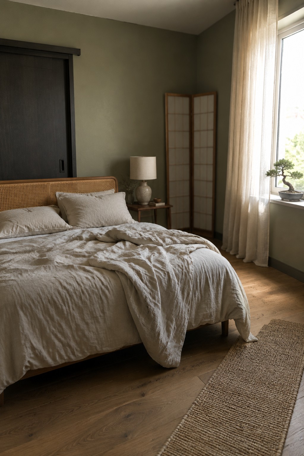 Muted olive-green bedroom walls beside a warm wood floor and cane headboard.