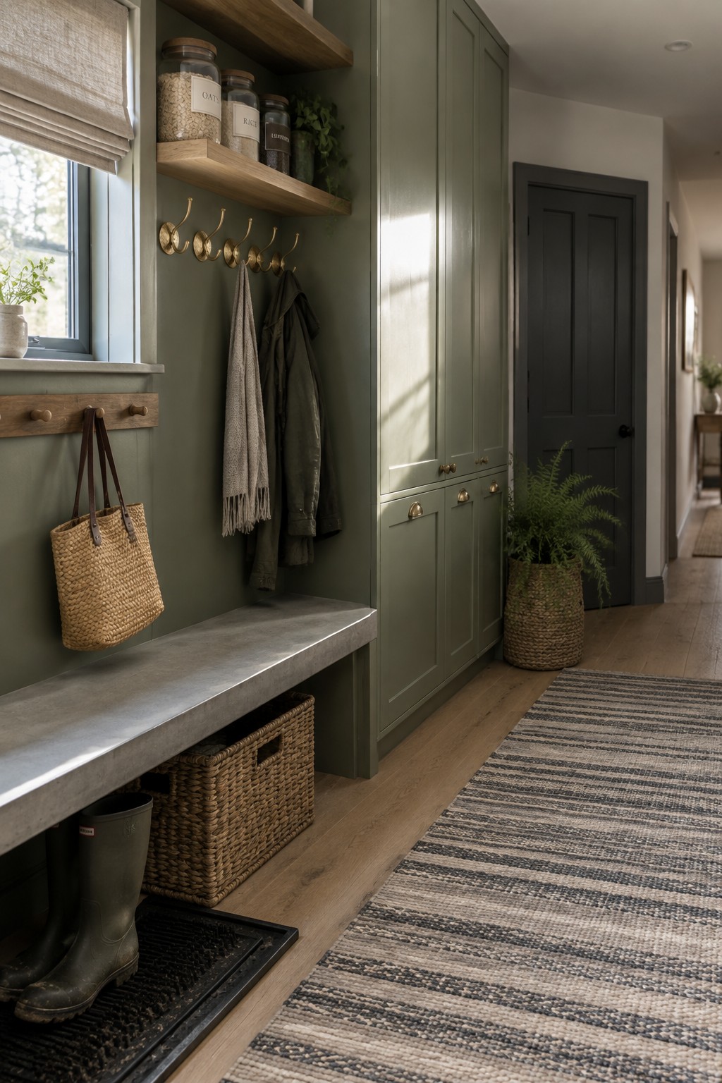 Muted sage green walls and built-in cabinets in a home entryway.