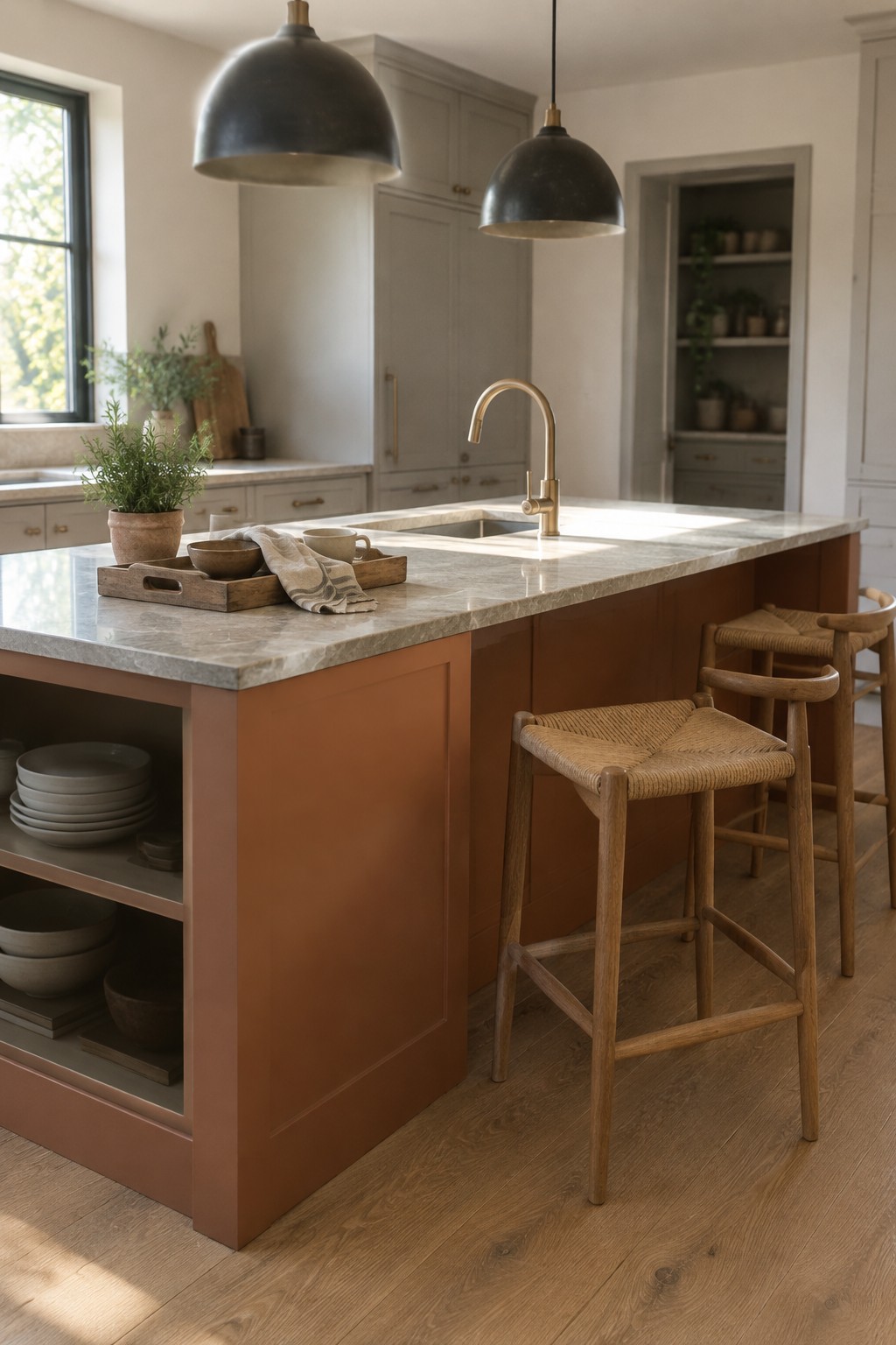 A muted rust-colored kitchen island with a pale marble countertop in a light-filled kitchen.