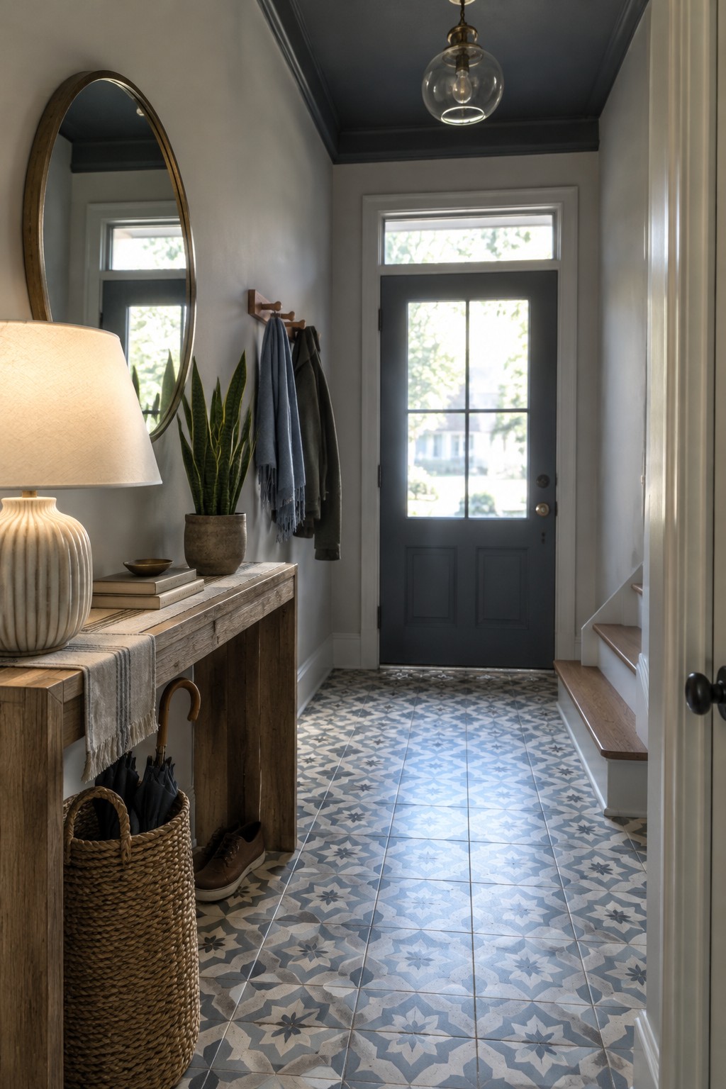 Soft gray walls in an entry hallway with patterned blue-gray floor tile.