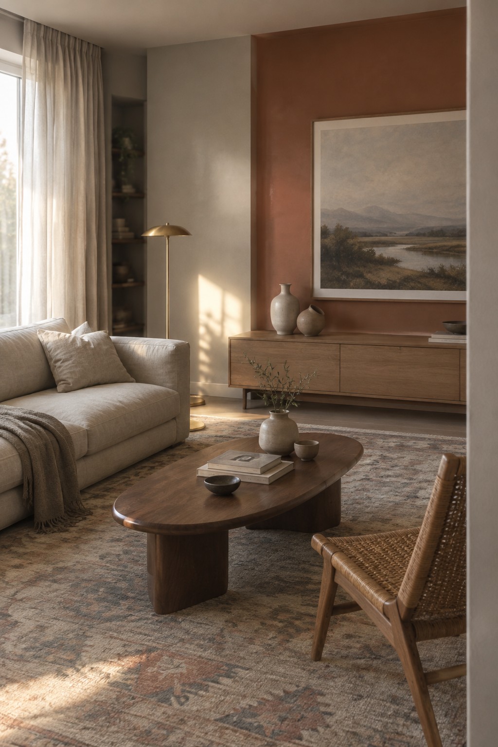 Muted terracotta living room wall behind a wood sideboard.