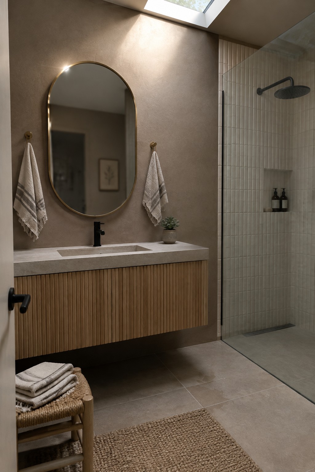 Warm greige bathroom walls beside a light oak vanity and pale tile.