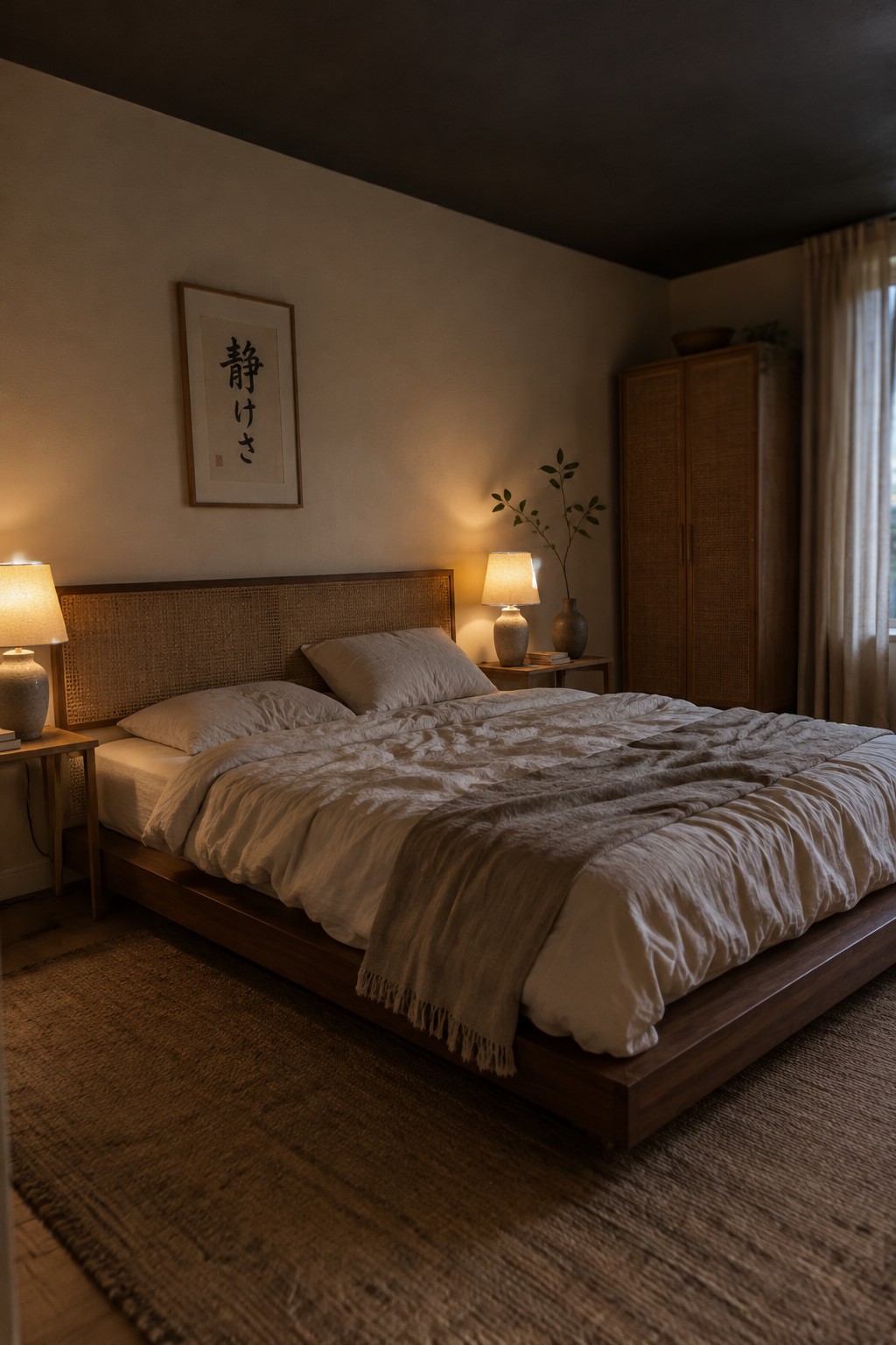 Warm greige bedroom walls behind a woven wood headboard.