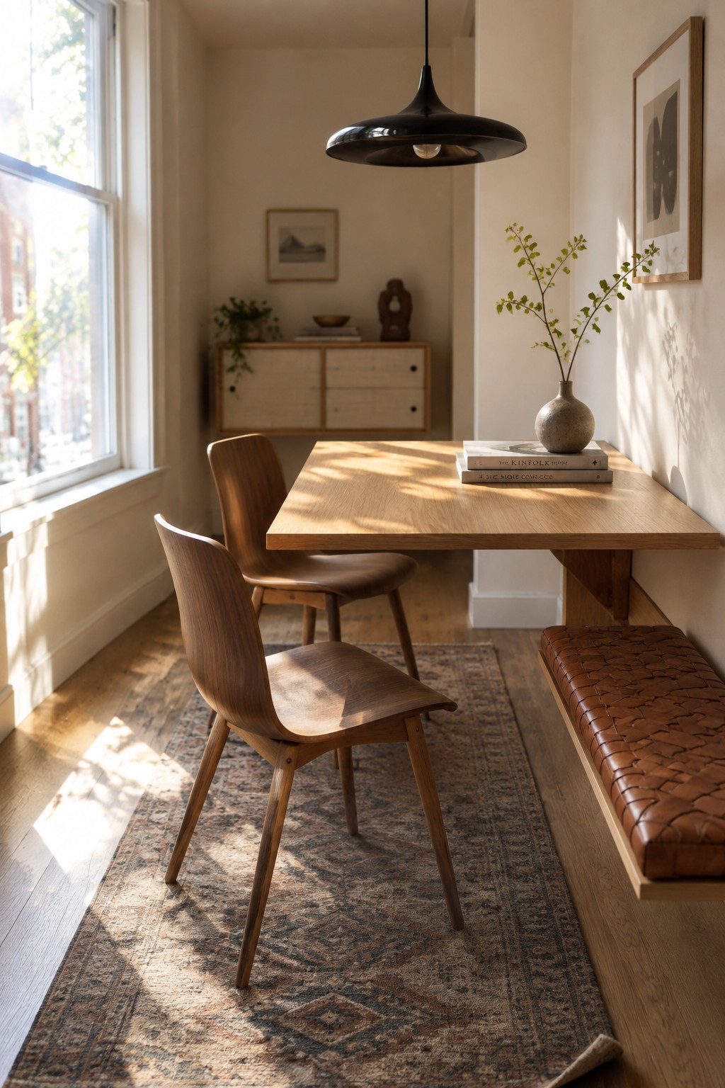 A narrow wooden dining table with two wooden chairs and a built-in bench sits on a patterned rug beside a large window.