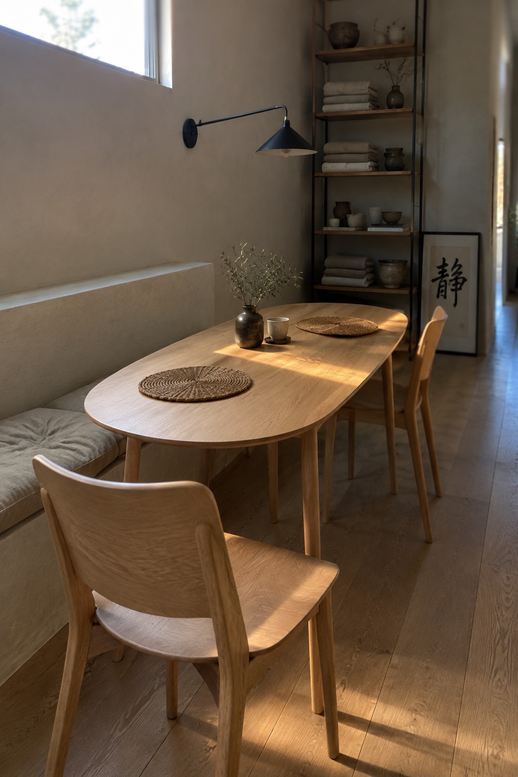 A light wood oval dining table with woven placemats and wooden chairs sits in a narrow room beside a built-in bench and open shelving.