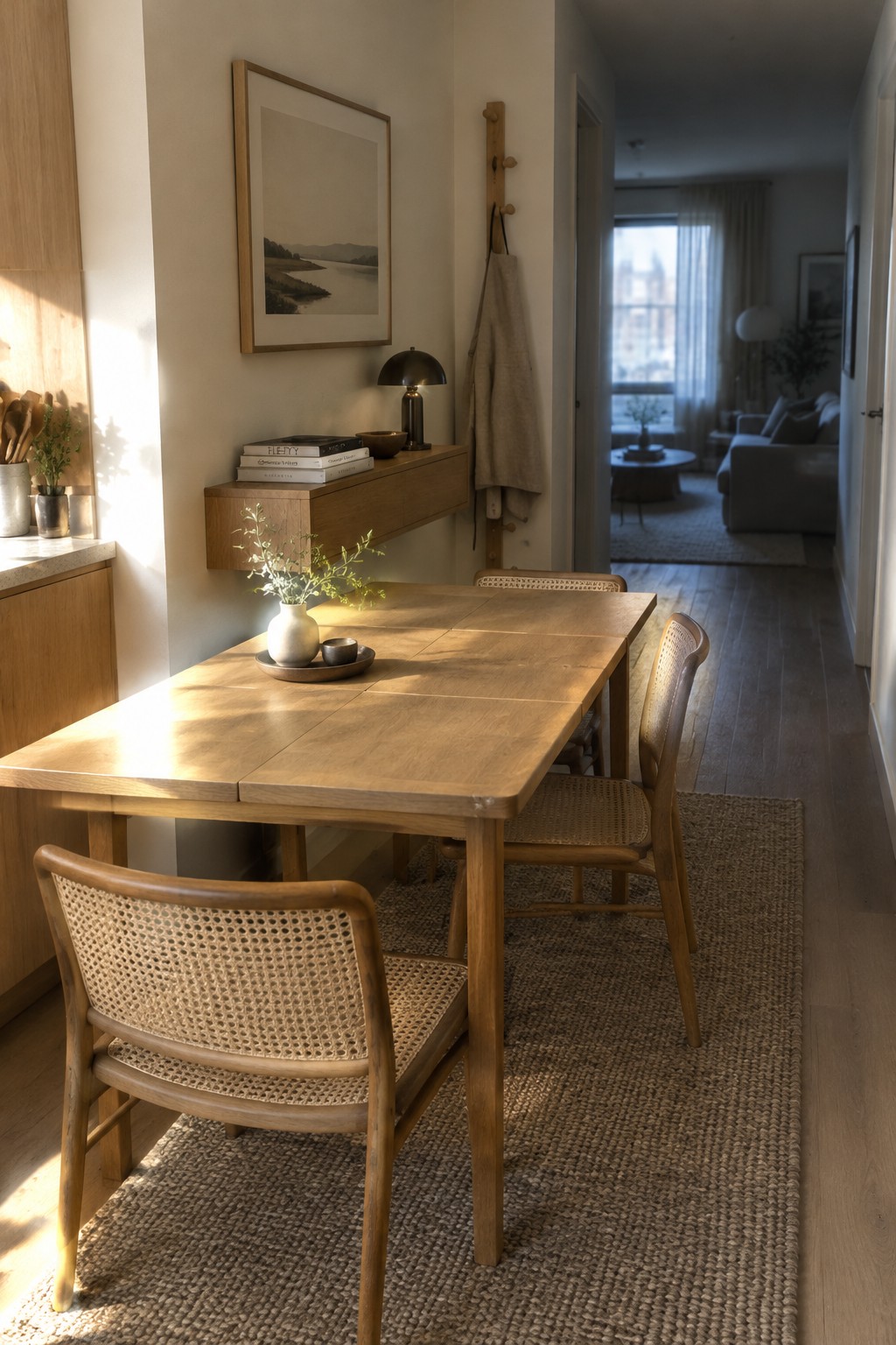 A wooden dining table sits on a woven rug with cane-back chairs and a small vase of greenery.