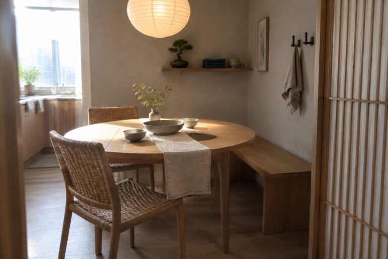 15 Japandi Dining Rooms Designed for Compact Areas A round wooden dining table with a linen runner, woven chairs, and a wall bench in a compact dining room.
