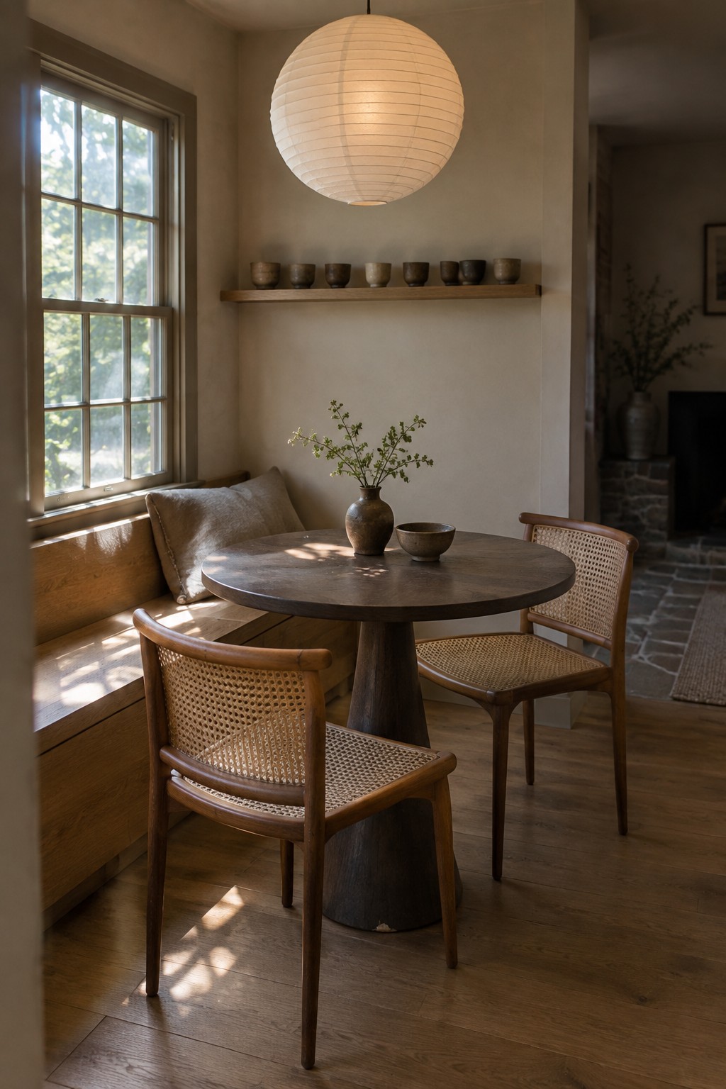 A round pedestal dining table and cane chairs sit beside a built-in wooden bench beneath a large paper pendant light.