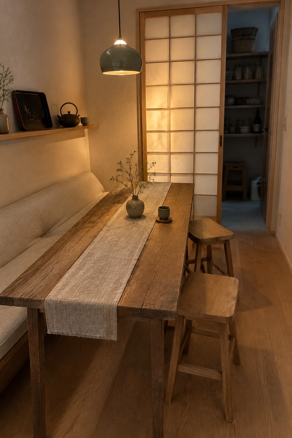 A long wooden dining table with a linen runner, a bench along one side, and stools tucked along the other in a narrow room.