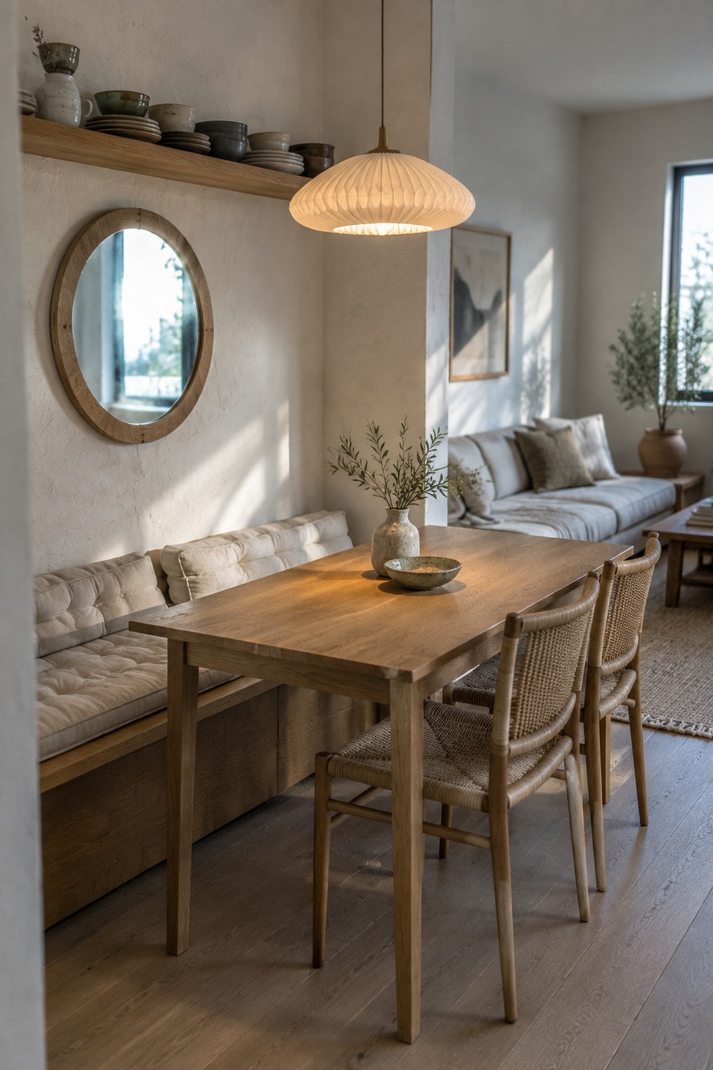 A wooden dining table with woven chairs sits beside a cushioned built-in bench in a neutral-toned room.