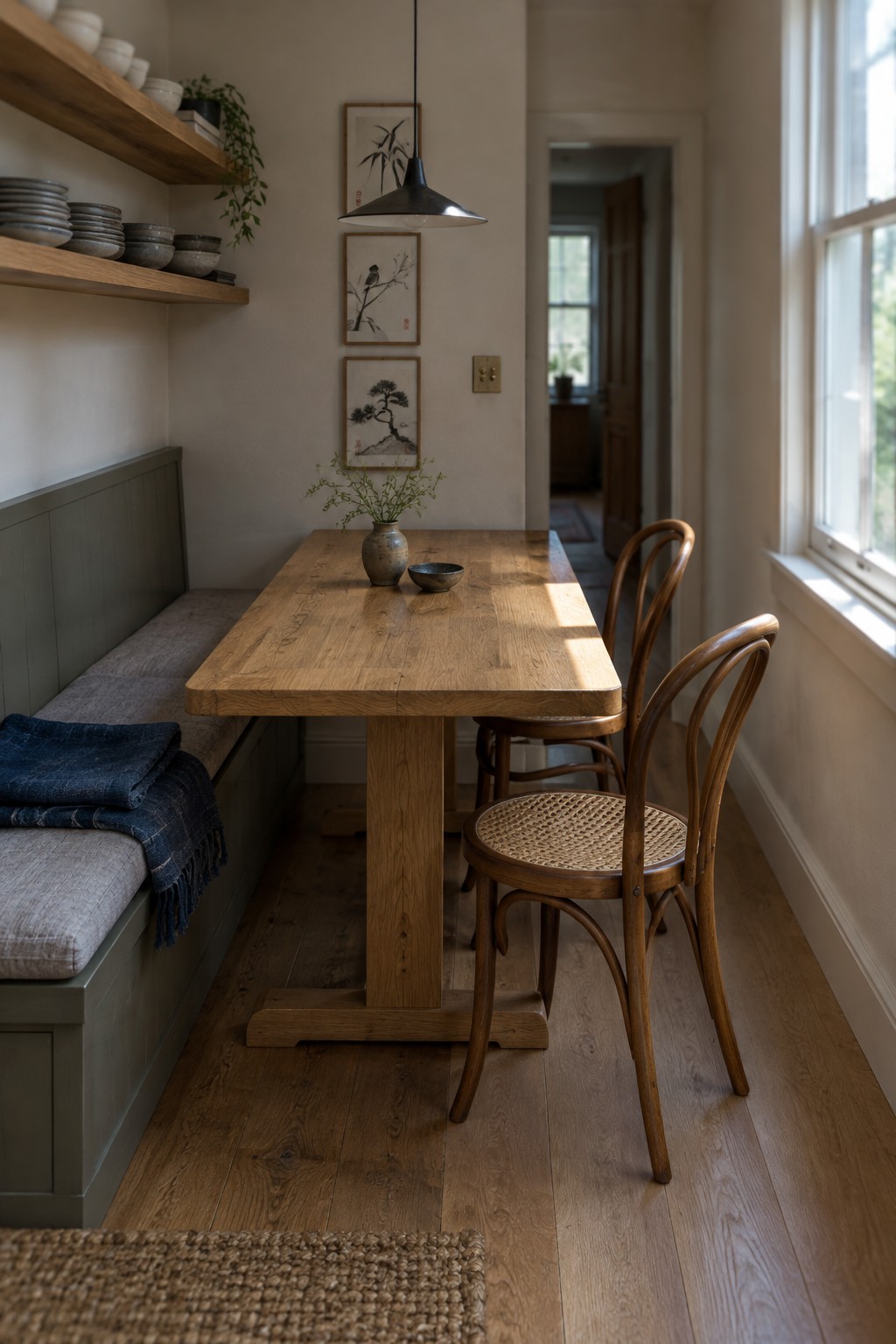 A wooden dining table sits beside a built-in bench and two bentwood chairs in a narrow room.