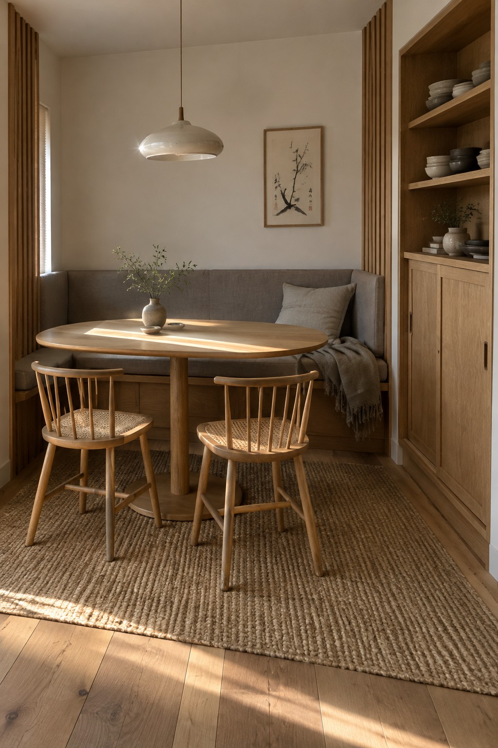 A compact dining nook with a built-in gray bench, oval wooden table, two spindle-back chairs, and a woven rug.