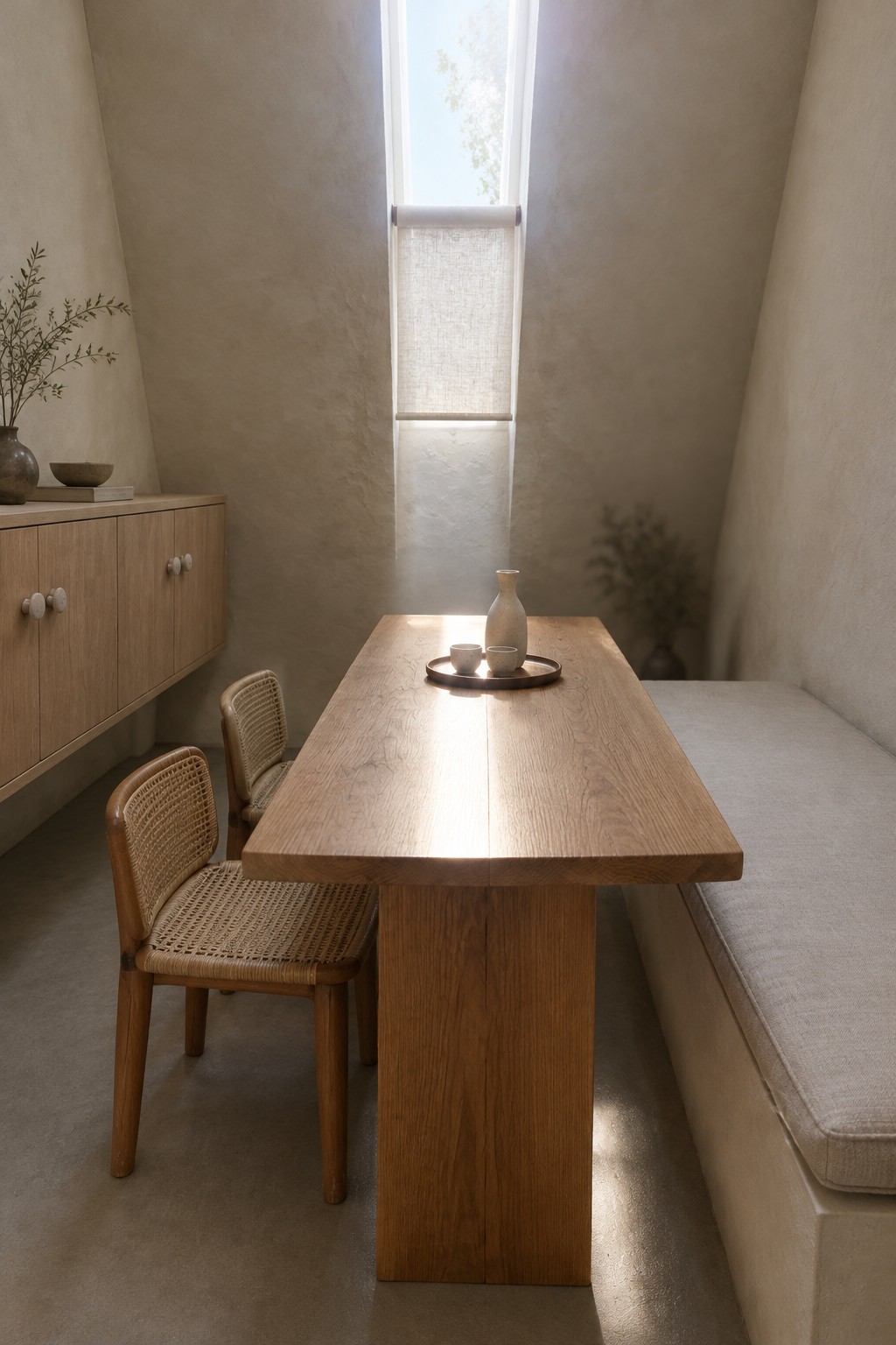 A narrow wooden dining table sits between two woven chairs and a built-in upholstered bench.