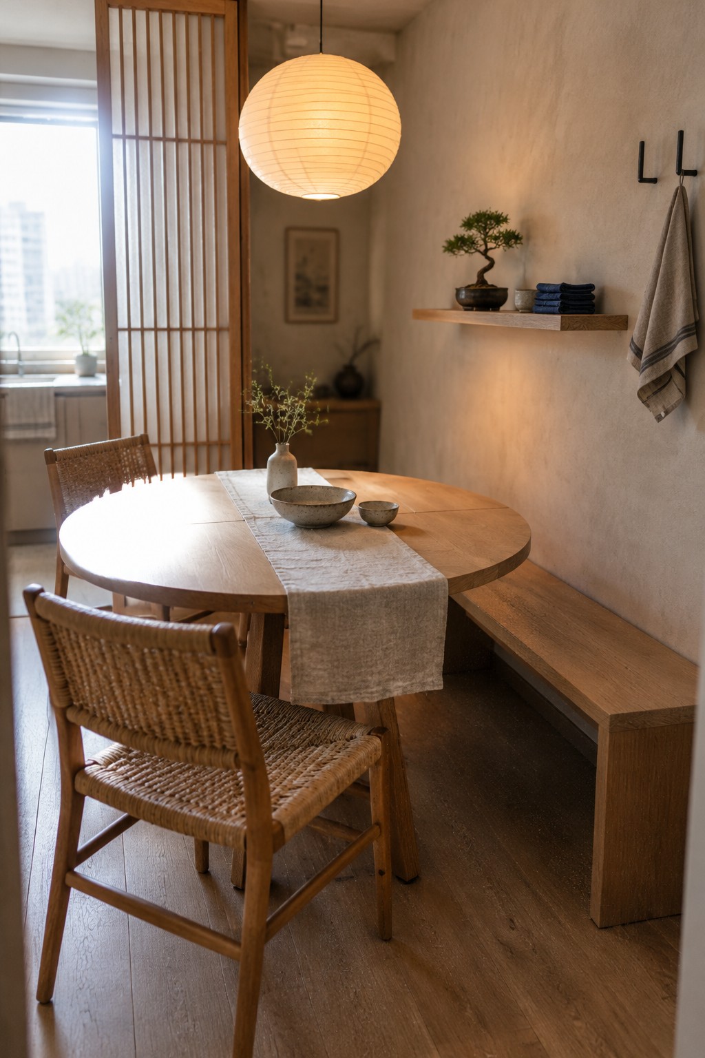 A round wooden dining table with a linen runner, woven chairs, and a wall bench in a compact dining room.