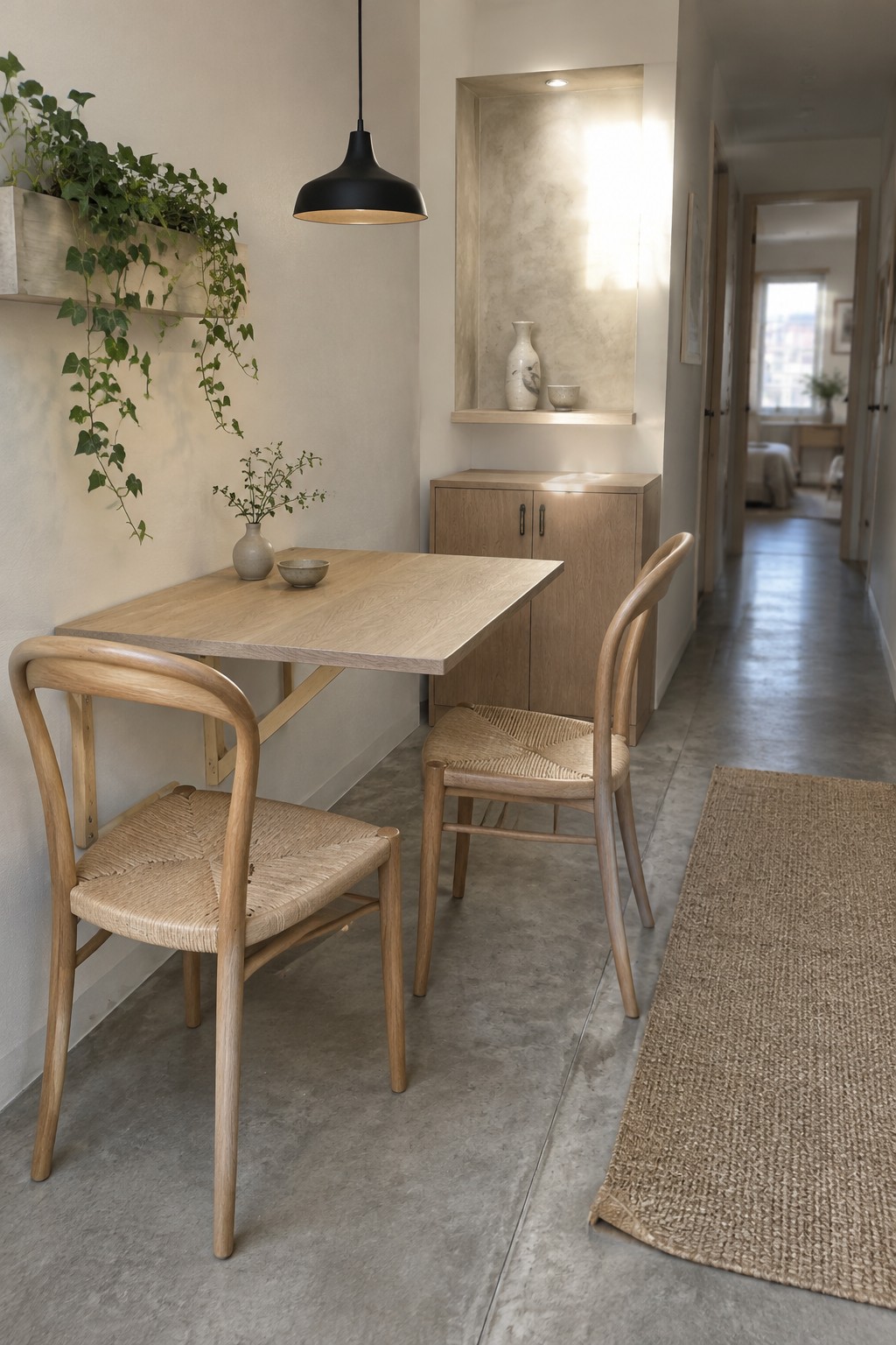 A small light wood dining table with two woven-seat chairs sits beside a trailing wall plant in a narrow dining area.